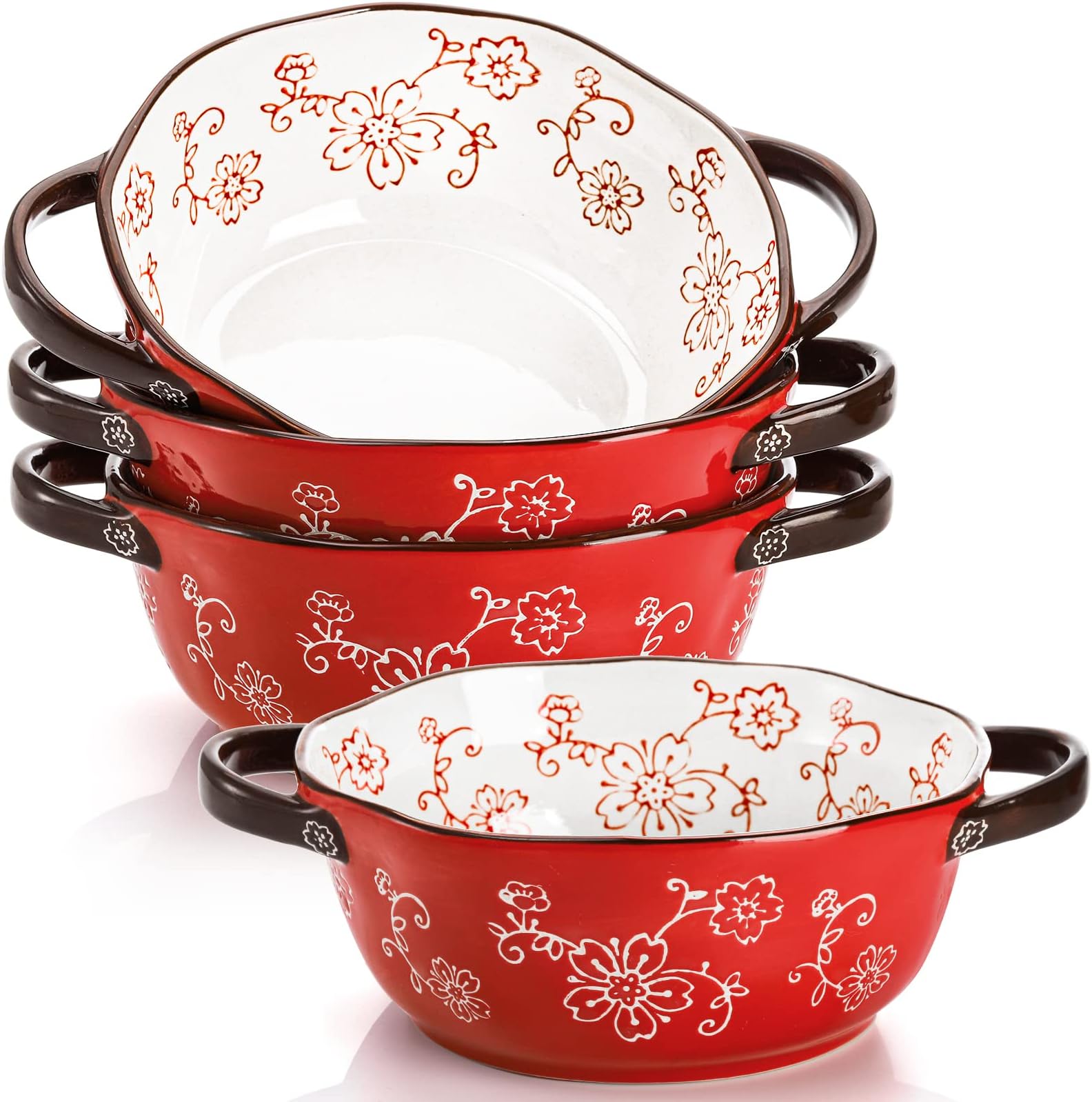 4 Pack Ceramic Soup Bowls, 22 Ounces Porcelain Serving Bowl Set with Doundle Handle, Large Ceramic Crocks for French Onion Soup, Stew, Pasta, Cereal, Pot Pies (Red)