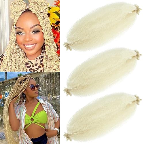 Vista 31 de Cabello afro trenzado elástico color marrón claro de 16 pulgadas, paquete de 3 T27, cabello afro preesponjado y trenzado elástico, cabello afro