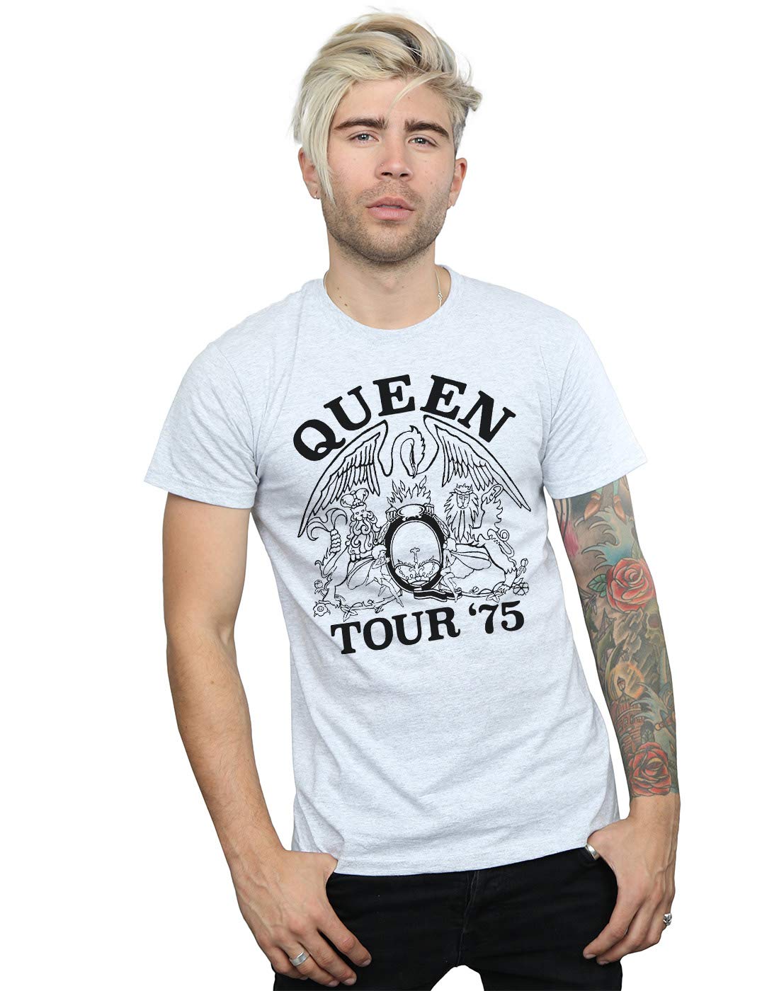 Absolute Cult Men's Sport Grey Queen Tour 75 Crest T-Shirt Large