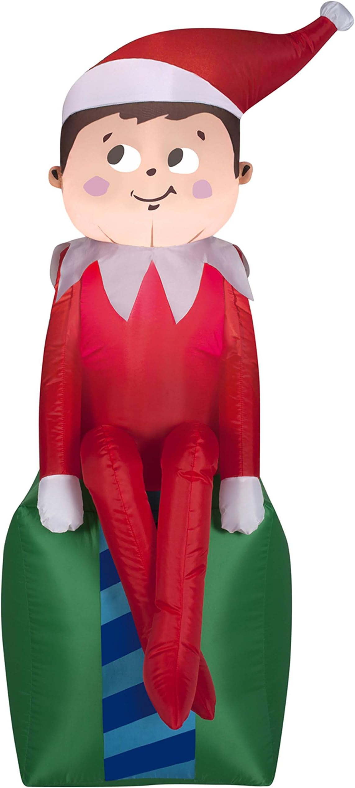 Allstate Inflatable Shelf LED Lighted Scout Elf on Present Christmas Yard Art Decoration, 3.5', Red