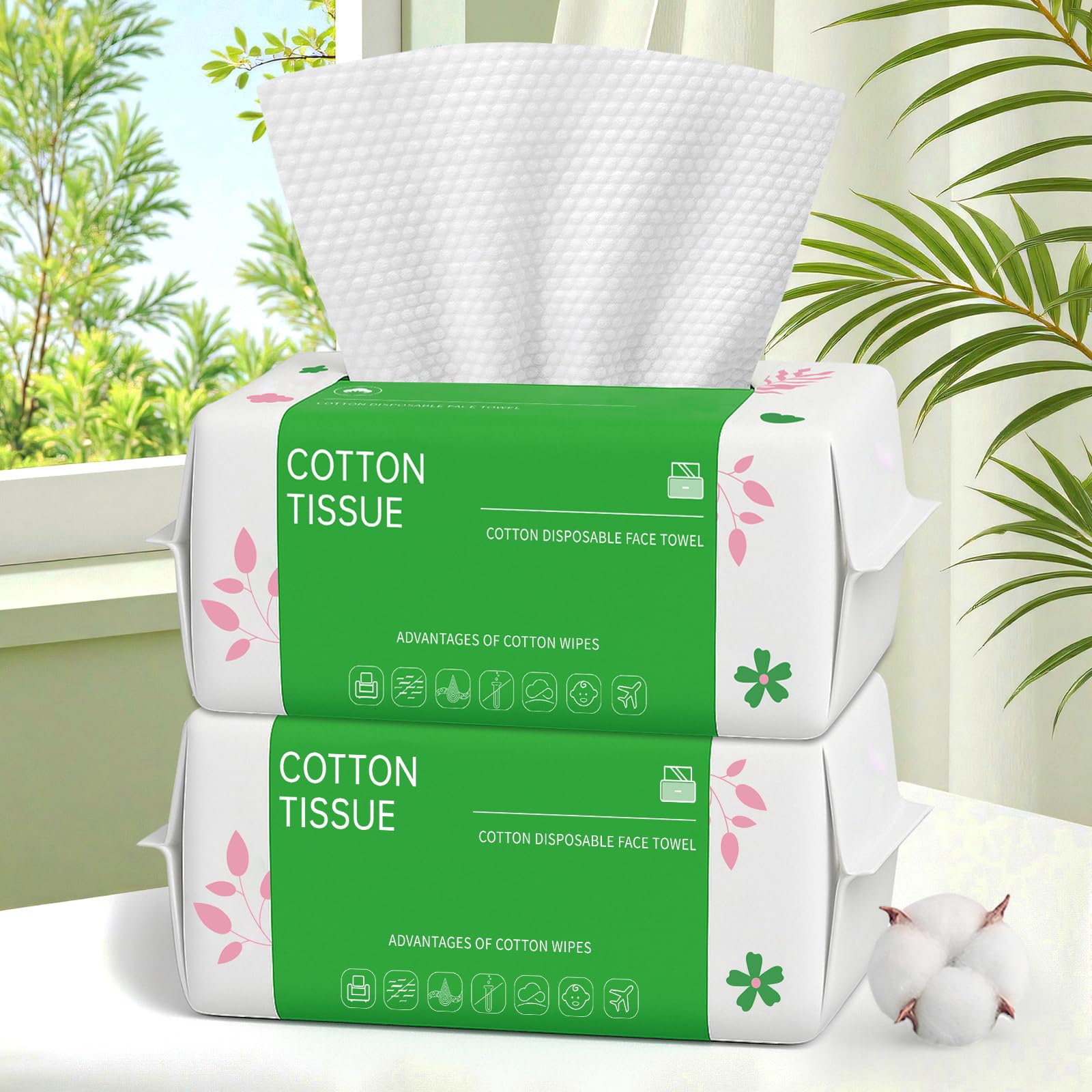 Disposable Face Towels 100 Count, Biodegradable Facial Towels for Sensitive Skin, Ultra Soft & Thick Face Cloth, Lint- free Dry Wipes for Makeup Remover, Skincare and Cleansing (2 Pack)