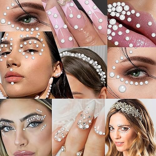 Miniatura 6 de 3090 calcomanías de diamantes de imitación, calcomanías autoadhesivas de perlas blancas para la cara, gemas para el cabello de 3450.236 in, gemas