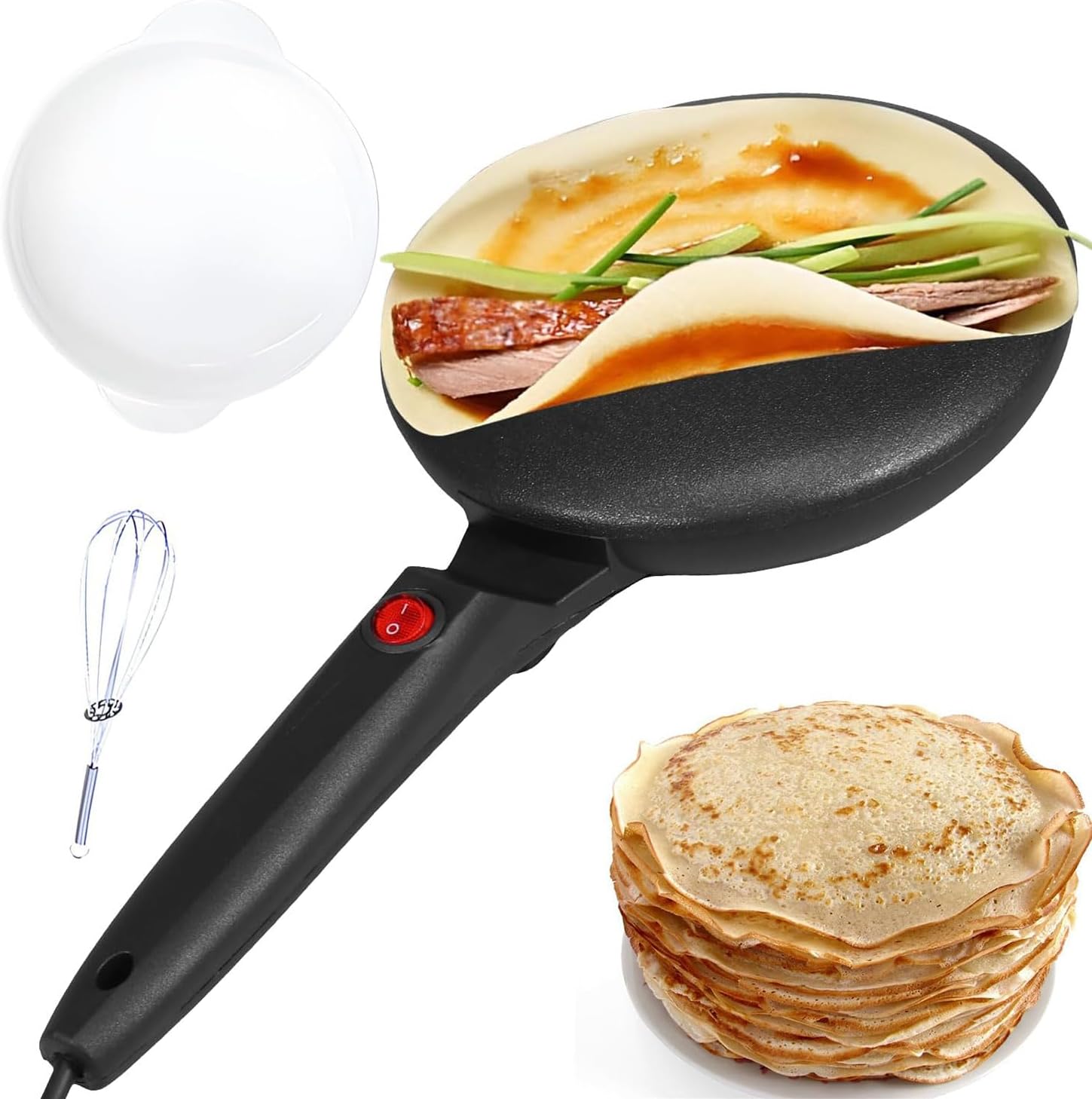 Electric Crepe Maker Machine, Instant Crepe Maker with Handle, 1 Batter Bowl and Mixer, Non-stick and Easy to Clean