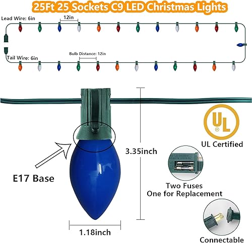 Miniatura 9 de Luces LED de Navidad multicolor C7 de 25 pies con 27 luces LED de cerámica de colores (2 de repuesto), luces colgantes de Navidad al aire libre para