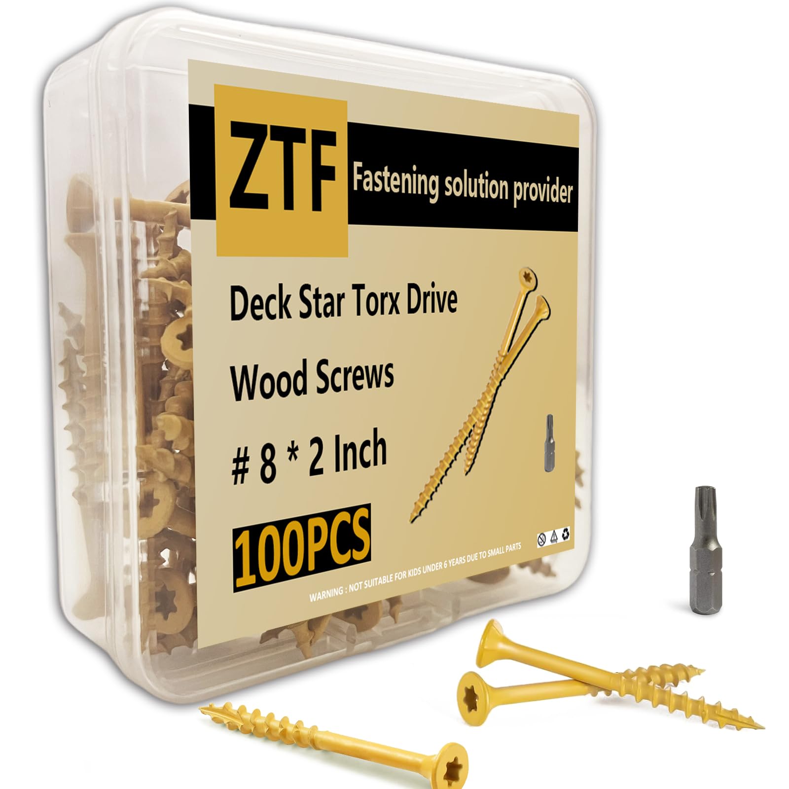 Wood Screws 2 Inch, ZTF Deck Screws #8 x 2", 100 PCS Torx Drive Flat Head Outdoor Wood Screw, Heavy-Duty Self Drilling Exterior Screws, Rust Resistant, Epoxy Coated, T25 Star Bit Included