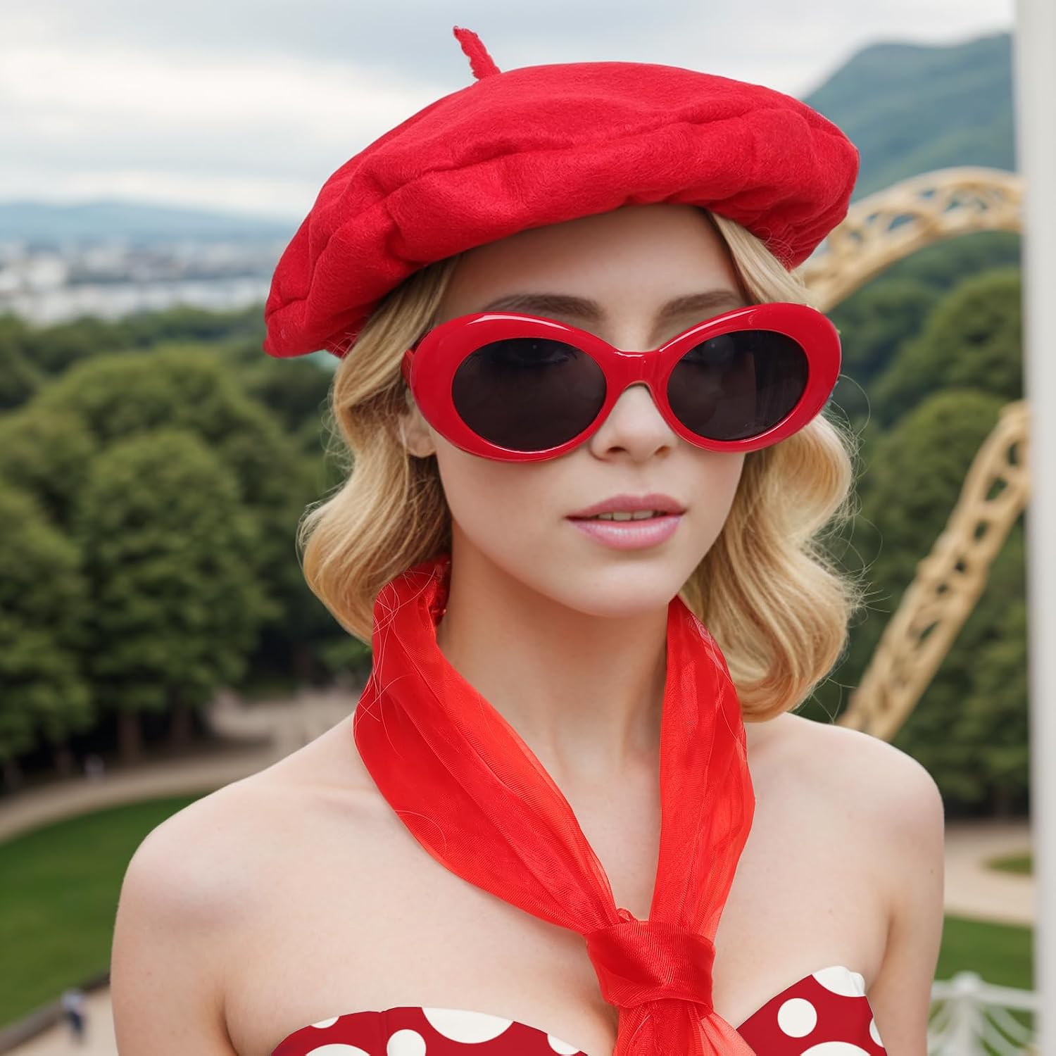 5 Pcs French Red Beret Hat Set Women Costume Accessories Including Scarf Gloves Beret Hat Sunglasses for Halloween