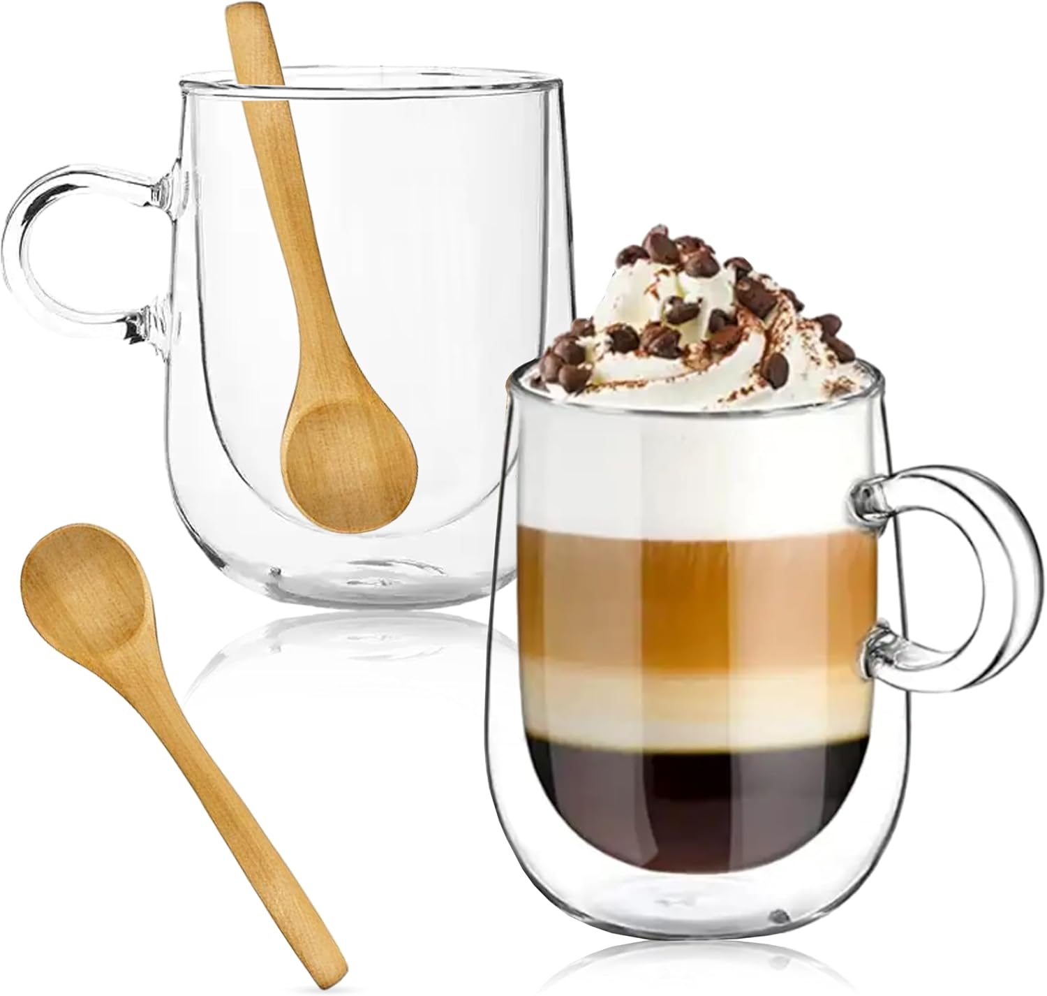 Double Walled Glass Coffee Mugs – Set of 2 Glass Coffee Cups with 2 Wooden Spoons – 13oz Espresso Cup Set – Insulated Clear Glass Coffee Mugs for Latte, Espresso, Tea, Americano