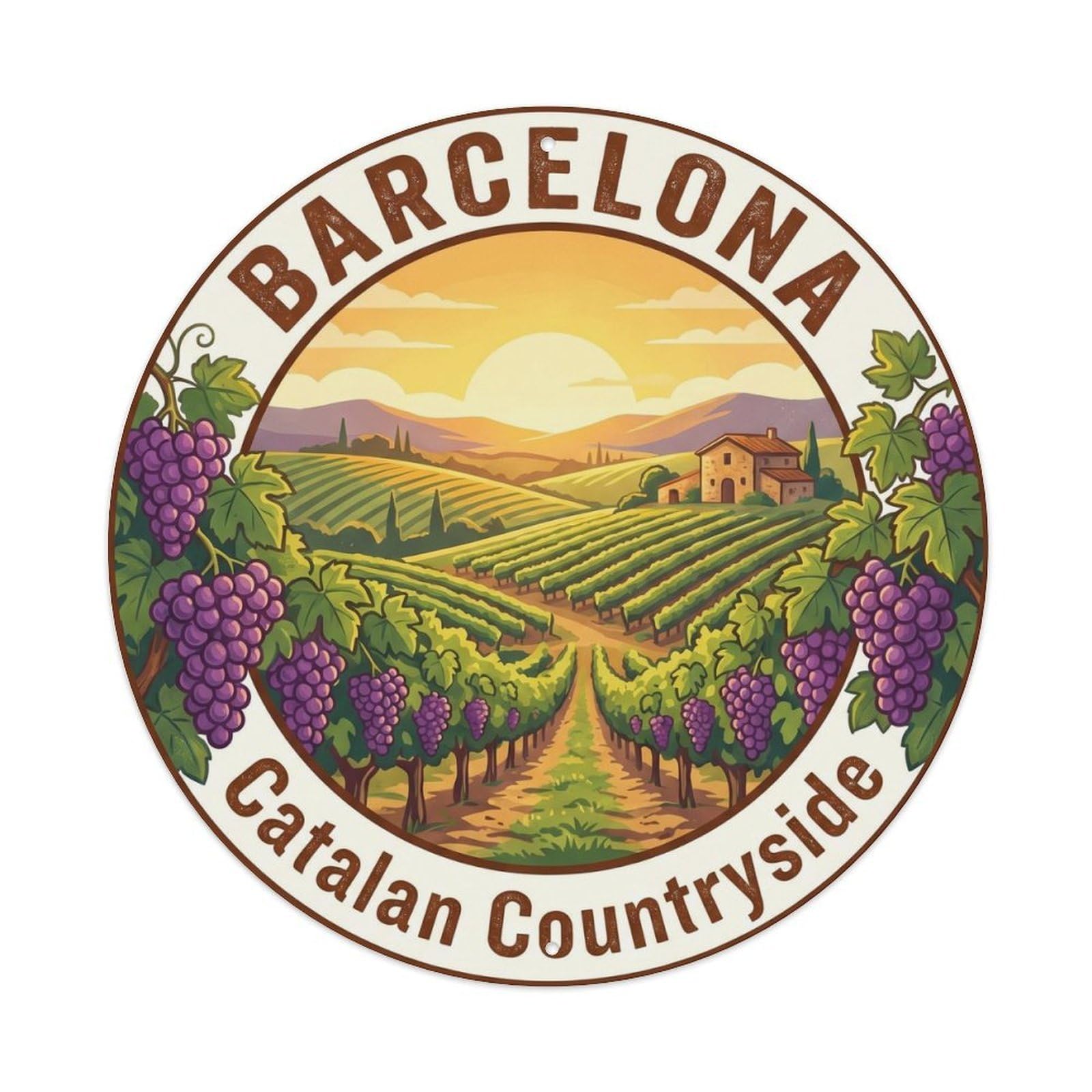 Vintage Travel Barcelona Vineyard Catalan Countryside Metal Tin Sign Plaque Wall Decor for Cafe, Club, Garden Round Metal Poster 8x8Inch