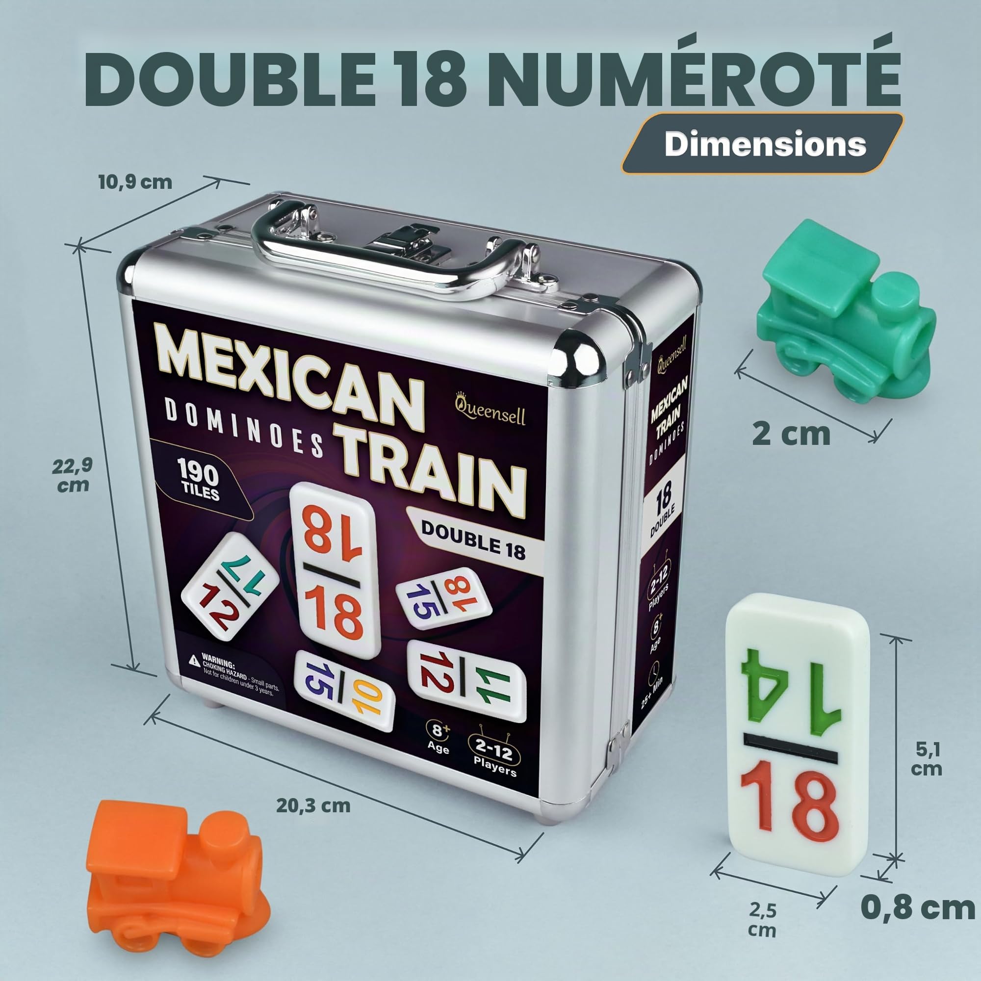 Queensell Jeu de Dominos Train Mexicain avec numéros - Jeu de Dominos Double 18 pour Adultes et Enfants - Jeu de Dominos Train Mexicain pour Adultes avec moyeu en Bois et boîte en Aluminium