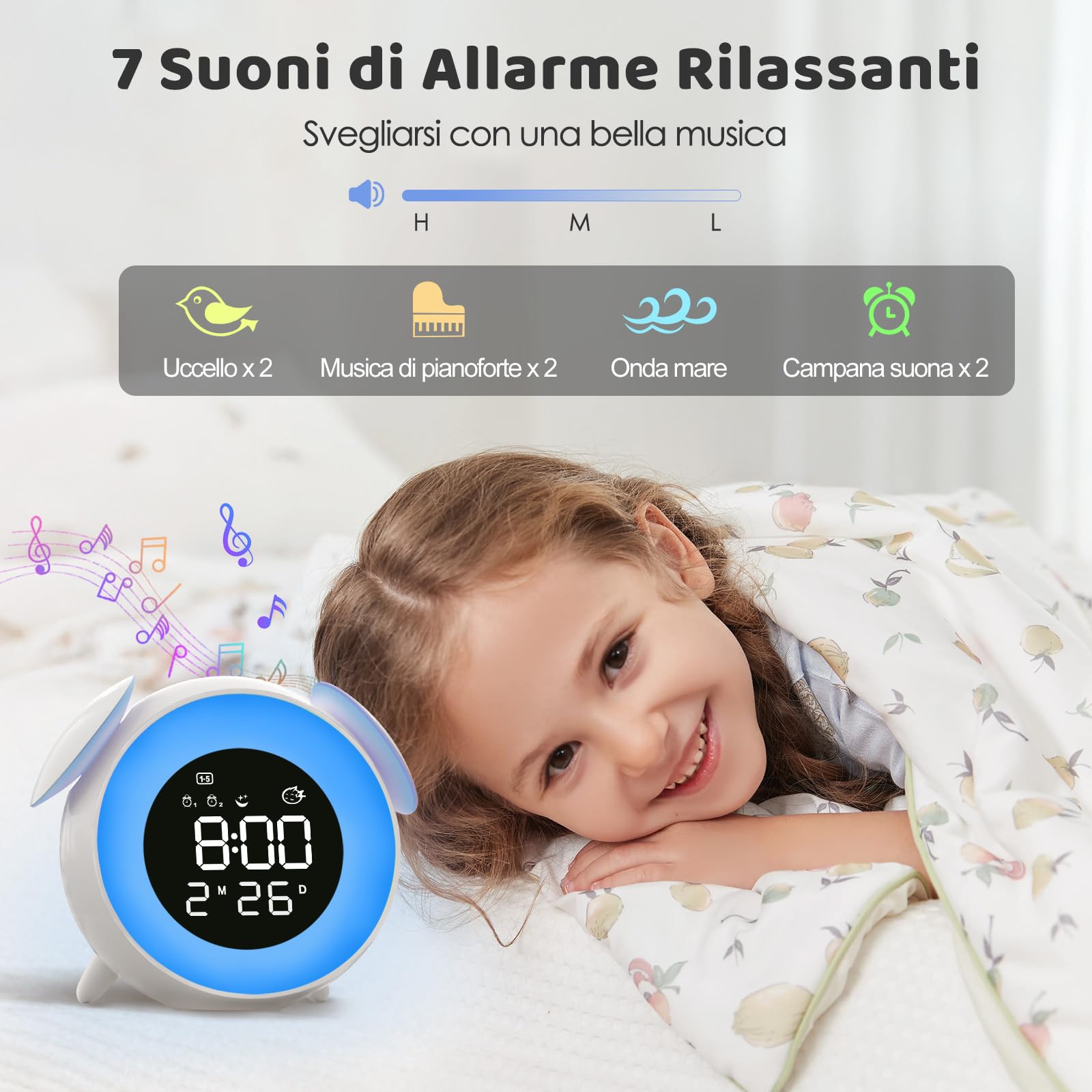 Sveglia Bambini, Sveglia Digitale da Comodino Ricaricabile con 15 Colori Luce Notturna, Simulazione Alba/Tramonto, 2 Allarme, Snooze, 7 Suonerie, Modalità Weekend, 12/24 Ore