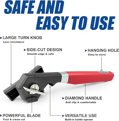 Miniatura 2 de PrinChef Abrelatas de seguridad con borde liso, abridor de botellas integrado, manual de abrelatas a prueba de óxido, con hoja afilada, abrelatas de