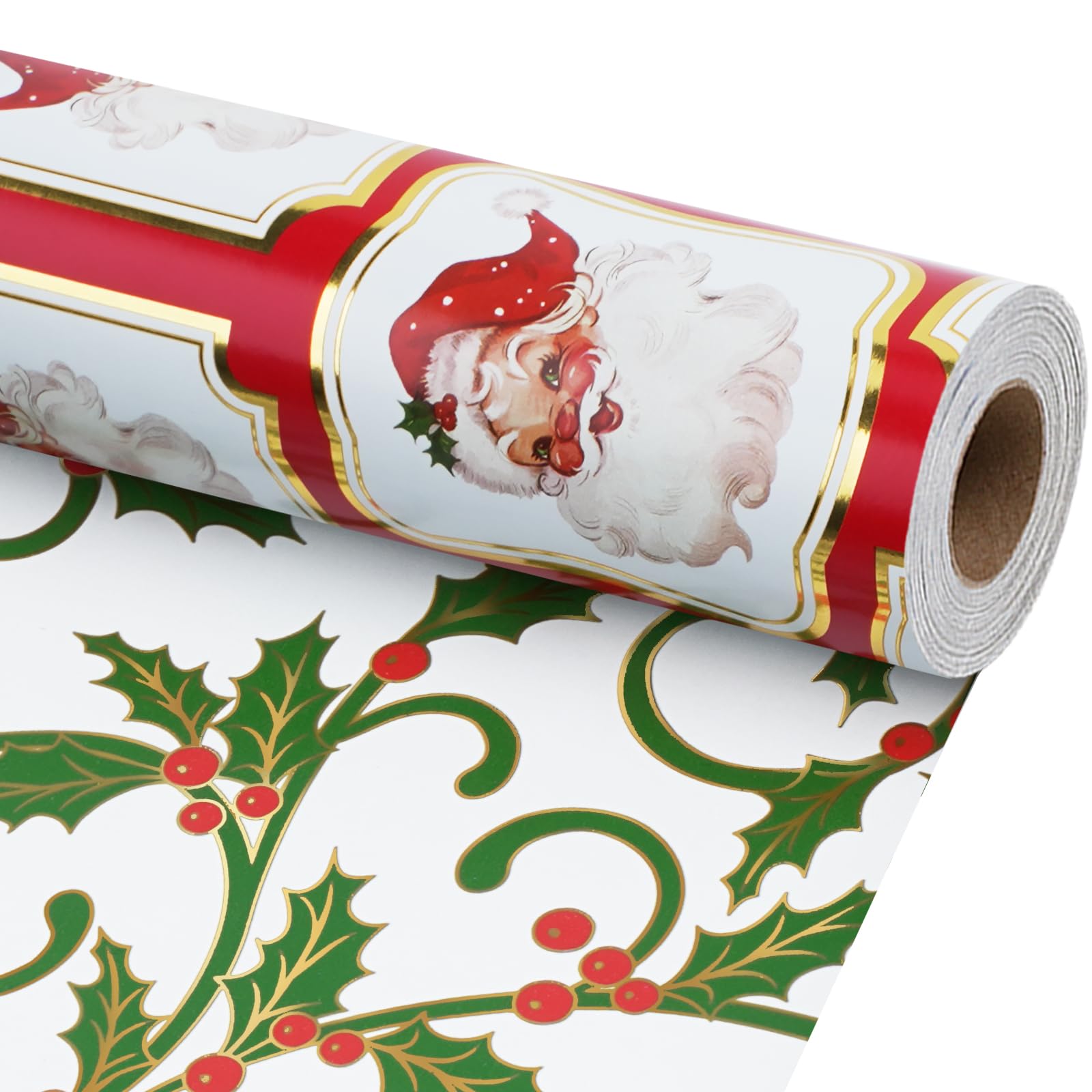 BIOBROWN Reversible Christmas Wrapping Paper - 43cm x 10m - Metallic Vintage Santa Plaques & Holly Berry Design Gift Wrap Paper for Xmas, Party, Holiday