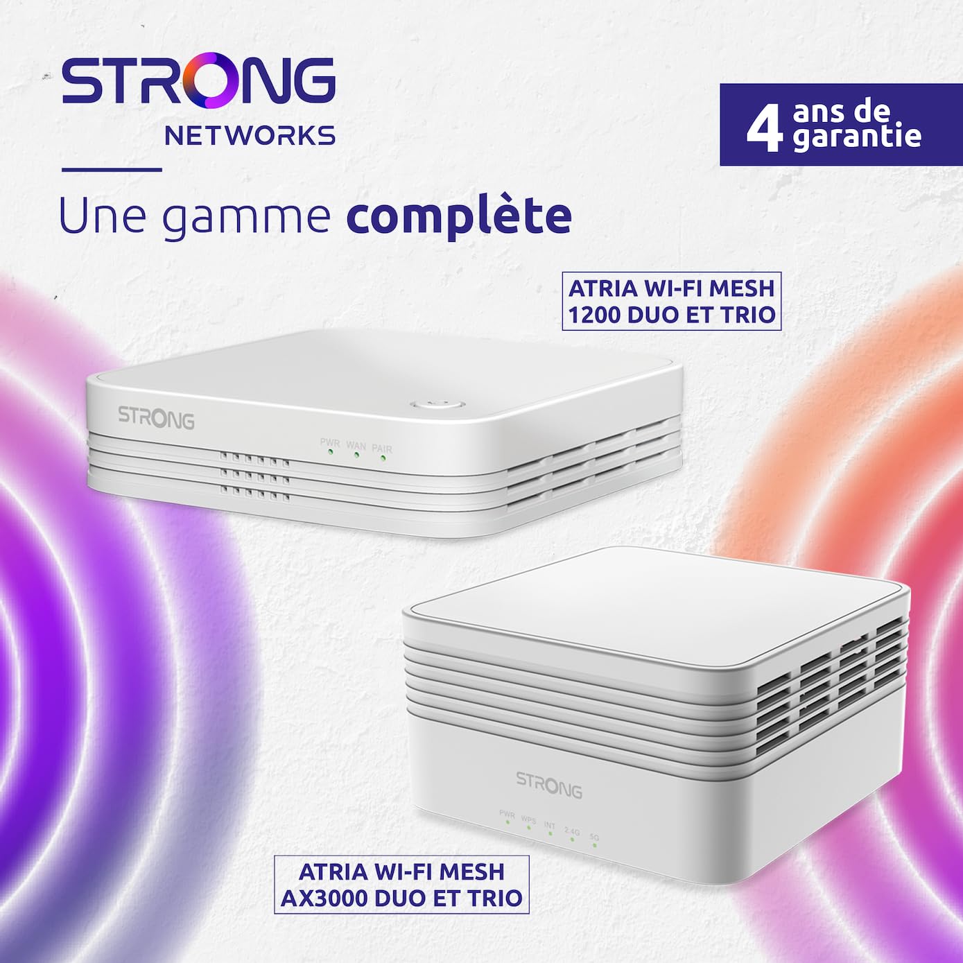 STRONG - Kit WiFi Mesh - Atria 1200 Mbps - Jusqu'à 200 m² de Couverture WiFi Supplémentaire - Compatible Toutes Box & Routeurs Standards - Dual Band 2,4 GHz + 5 GHz - 3 Ports Ethernet - Blanc