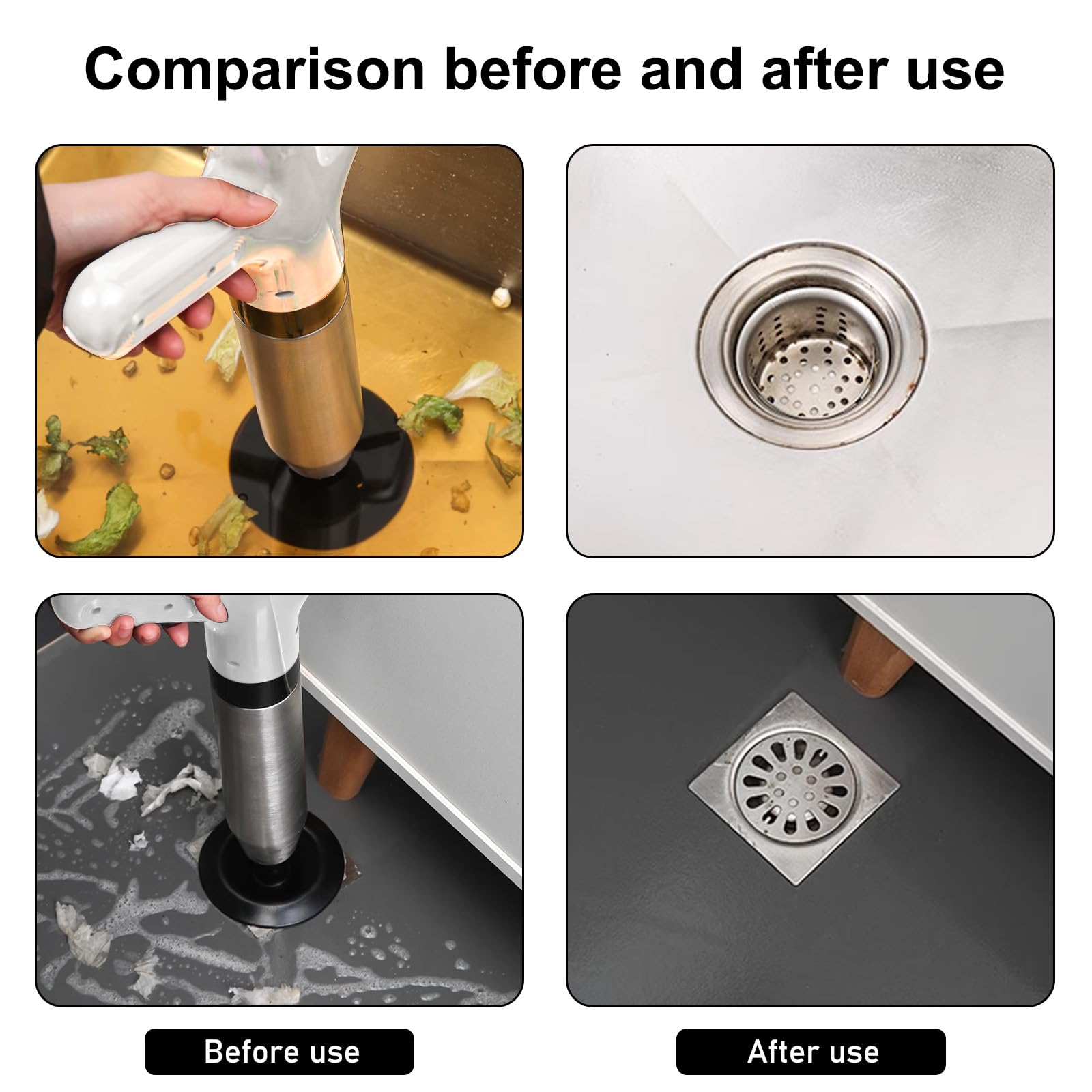 Pulitore per scarico pompa ad aria compressa, pulitore per tubi con 4 teste intercambiabili, compressione dell'aria e indicatore della pressione dell'aria, tubo per la pulizia dei tubi del lavandino