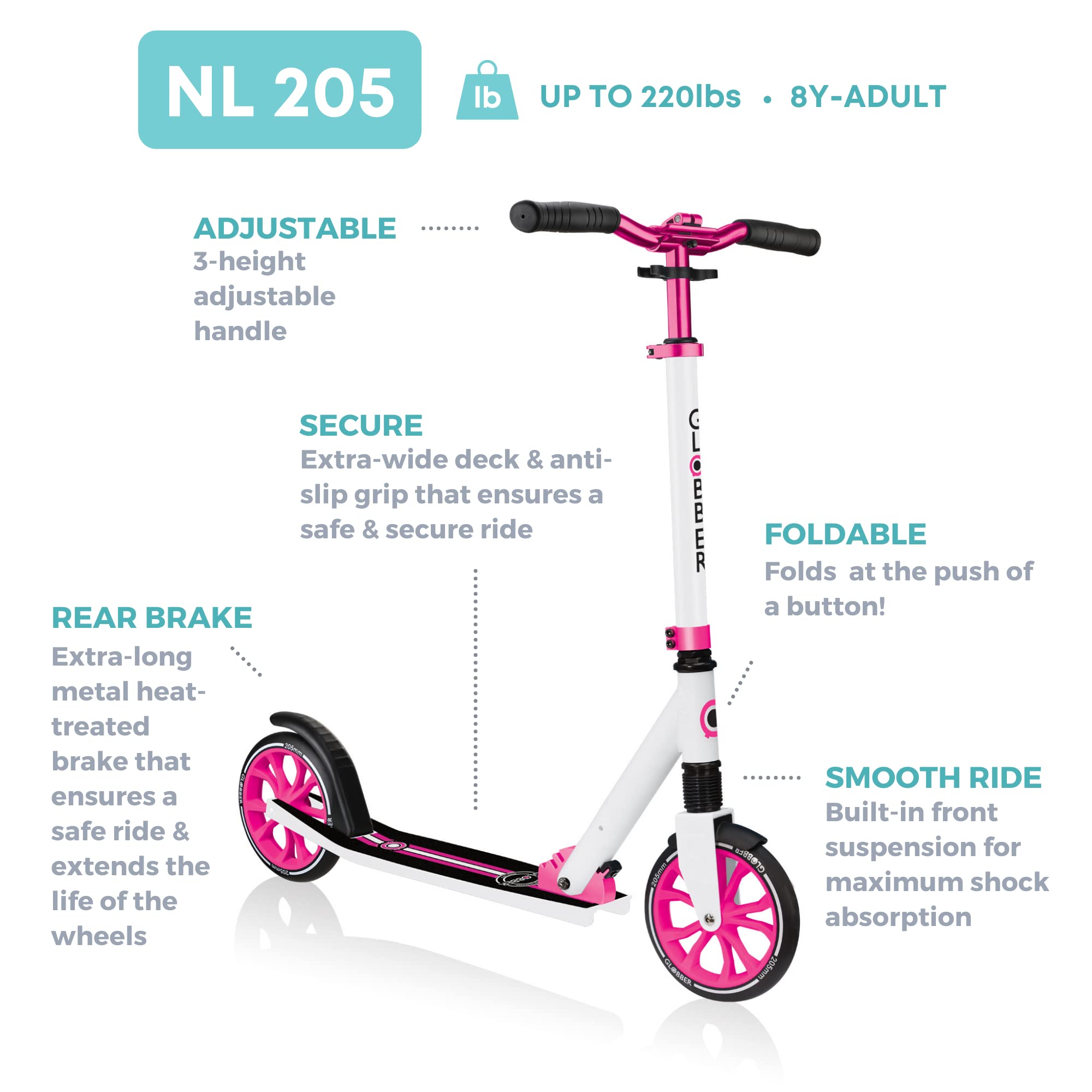 Globber NL Series 2-Wheel Kick Scooters for Kids, Teens and Adults, Foldable Kick Scooter for Ages 8-14+, Foldable Kick Scooter for Transportation & Storage, Big Wheel Scooter with Adjustable T-Bar