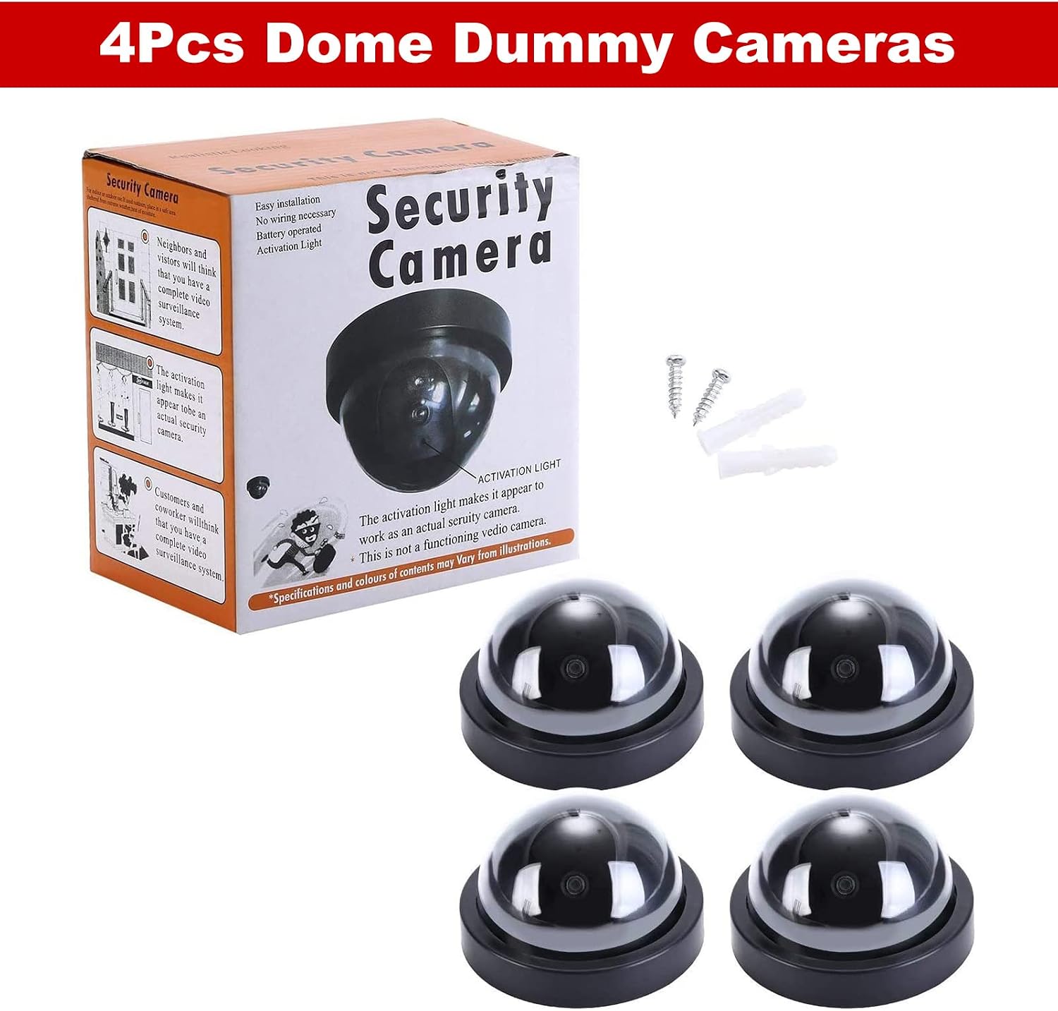 NONMON 4 Pack Dummy Fake Camera Security CCTV Dome Cameras with Flashing Red LED Light for Indoor Outdoor Home Business, Black