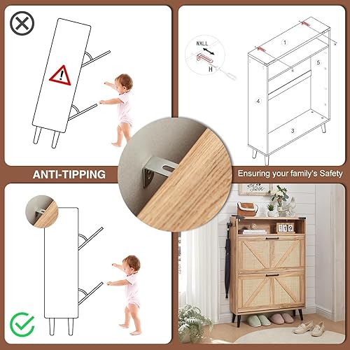 Miniatura 6 de Armario de almacenamiento de zapatos, organizador de zapatos de granja con 2 cajones abatibles y diseño de puerta de granero, armario independiente