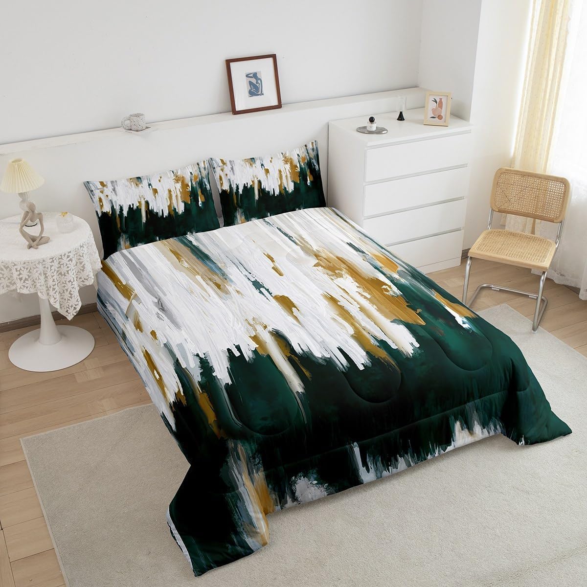 Erosebridal Emerald Green Comforter King Watercolor Graffiti Bedding Set, Striped Oil Painting Down Comforter Aesthetic Modern Bed Set, Ombre Brush Marks Contemporary Quilted Duvet