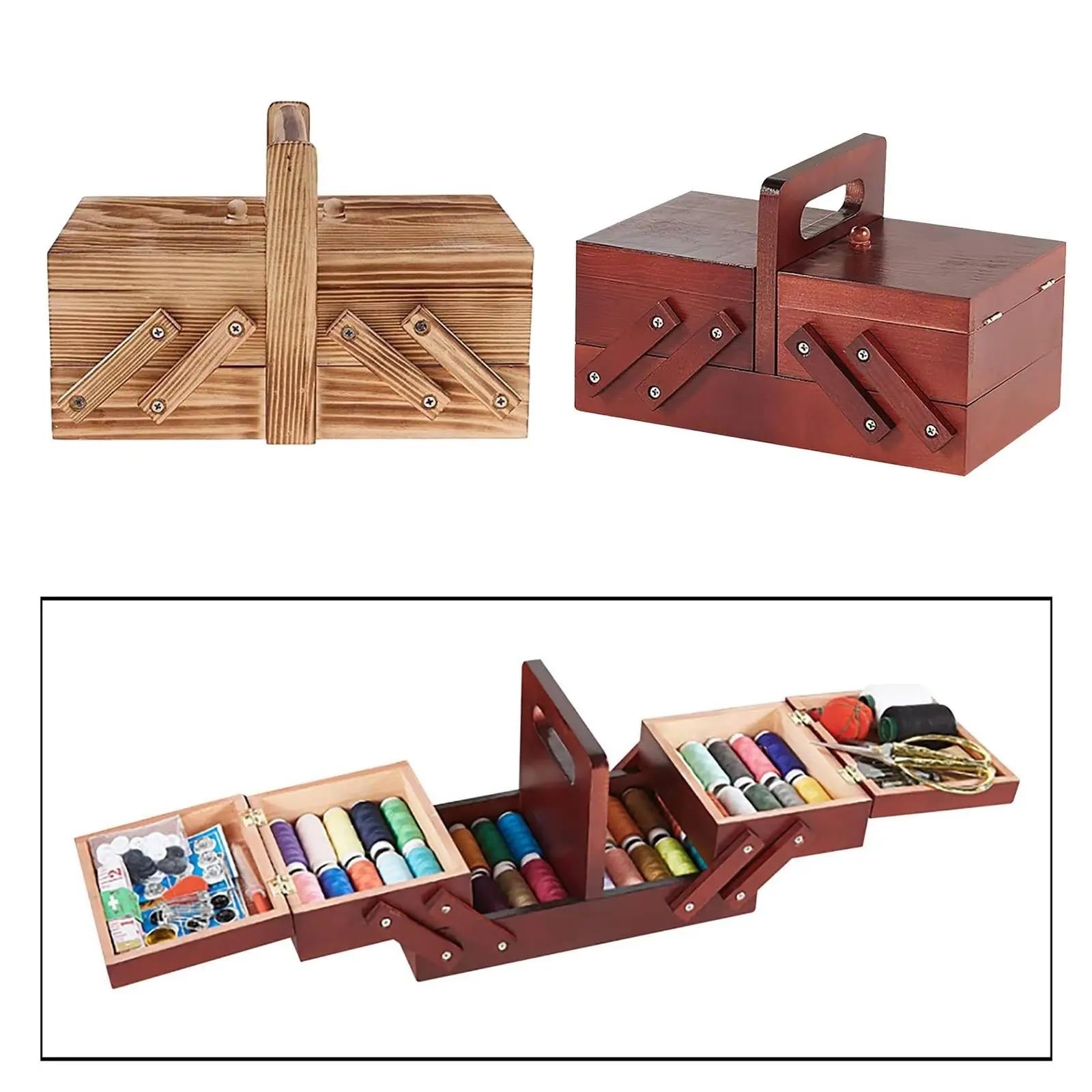Cestini da cucito Scatola pieghevole in legno Forbici Accessori Organizer for cestini cucire for la casa(Red)
