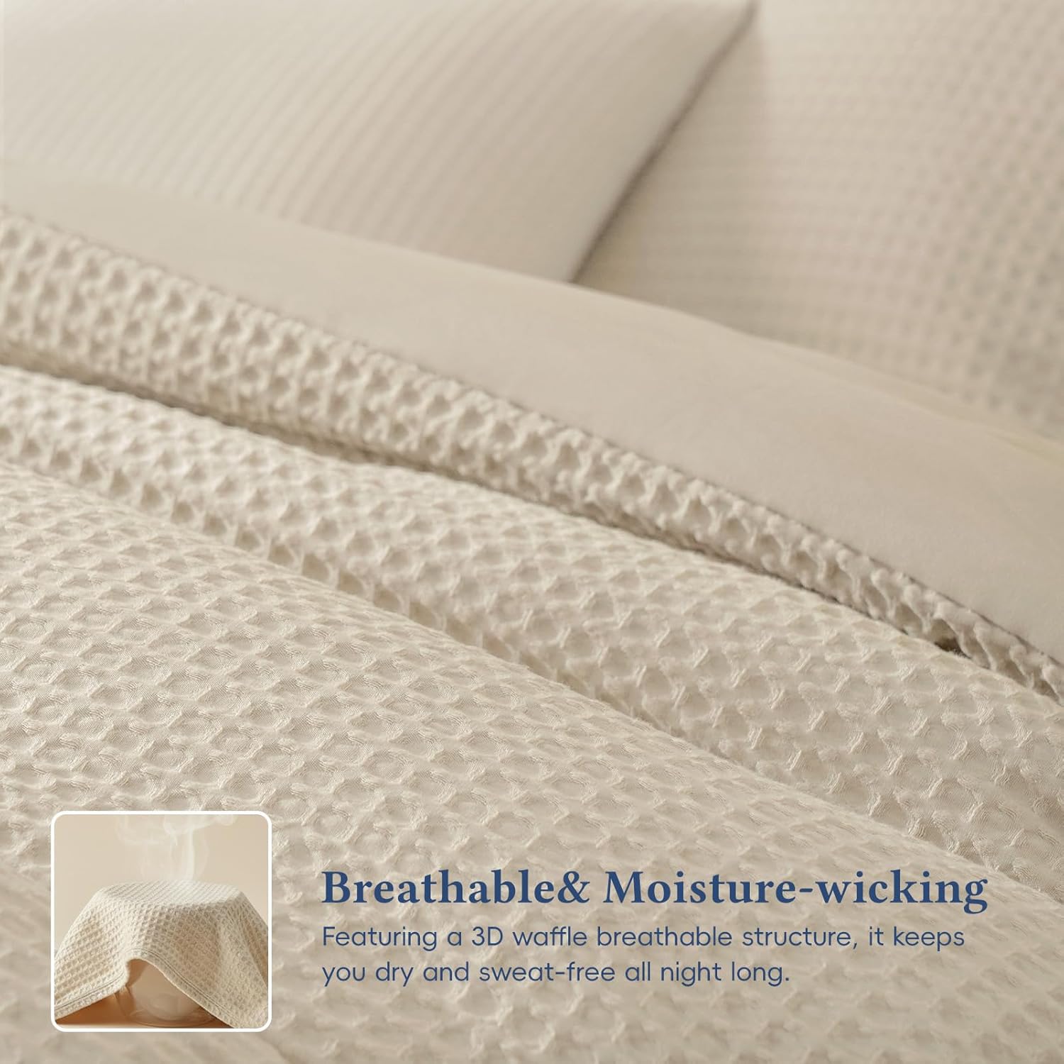 David's Home Waffle Weave Comforter Set 3PCS King Size, Soft Breathable Lightweight Cozy Skin-Friendly Warm for All Season, Elegant Aesthetic Home Decor Bedding Set with Pillow Shams, Linen - Image 3