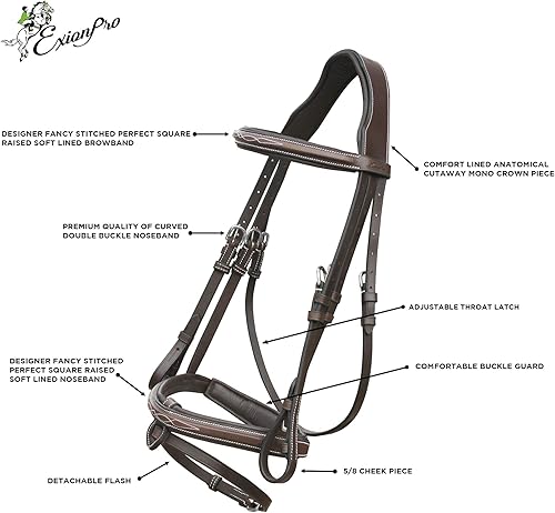 Vista 5 de Exion - Brida de salto anatómica para caballos con banda nasal extraíble y riendas de goma, cuero curtido vegetal de primera calidad, hebillas