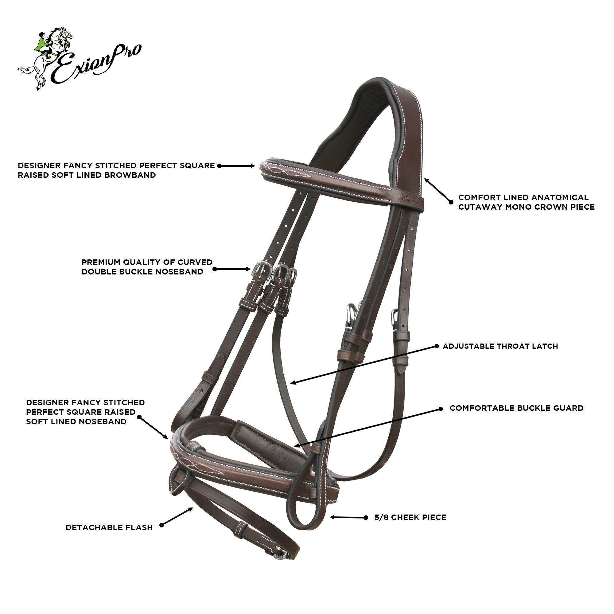 Exion Reittrense – Anatomische Springtrense Mit Abnehmbarem Blitz & Gummizügeln | Büffelleder, 55 Mm MonoCrown, Größen Pony Bis Warmblut