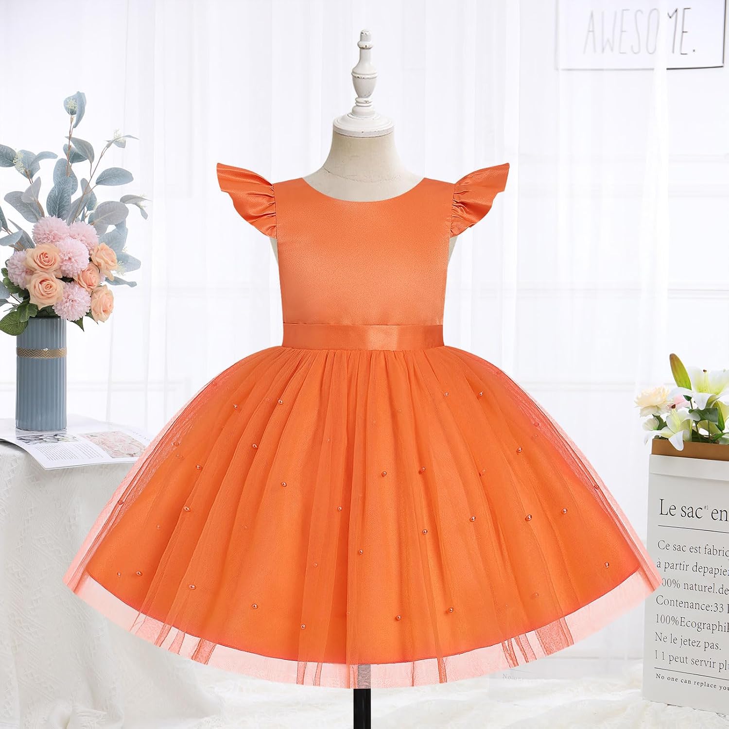 Infant Baby Girls Wedding Flower Girl Dress Pearls Tulle Tutu Dress Bowknot V Back Pageant Party Birthday Formal Dresses