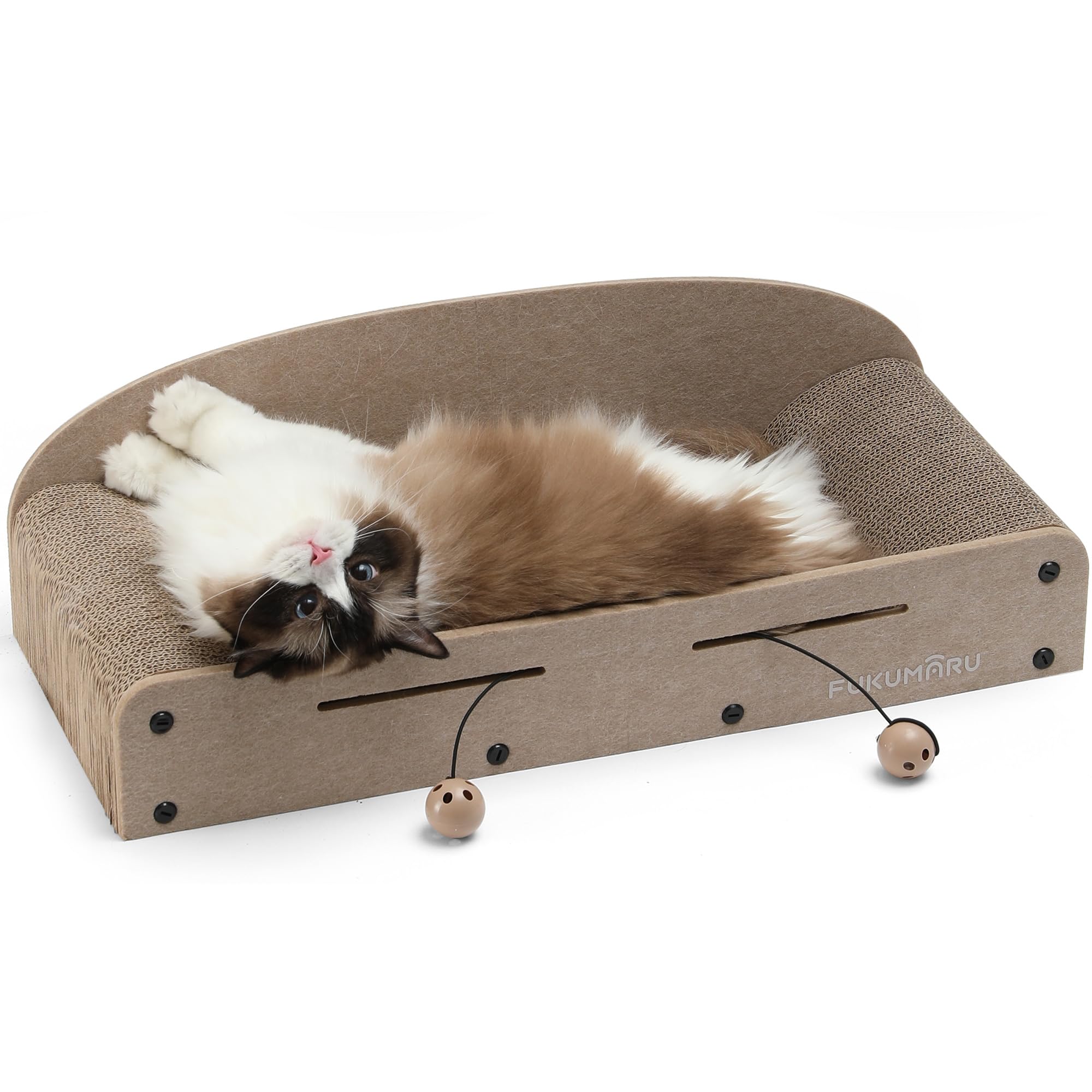 FUKUMARU 66 cm Cat Scratcher Lounge Bed, Extra Large Lounger Durable Cardboard Cats Scratcher Bed, 2 Reversible Scratching Pads for Indoor Cats, Kitten Scratch Bed Cardboard Cat Ball Toy, Beige