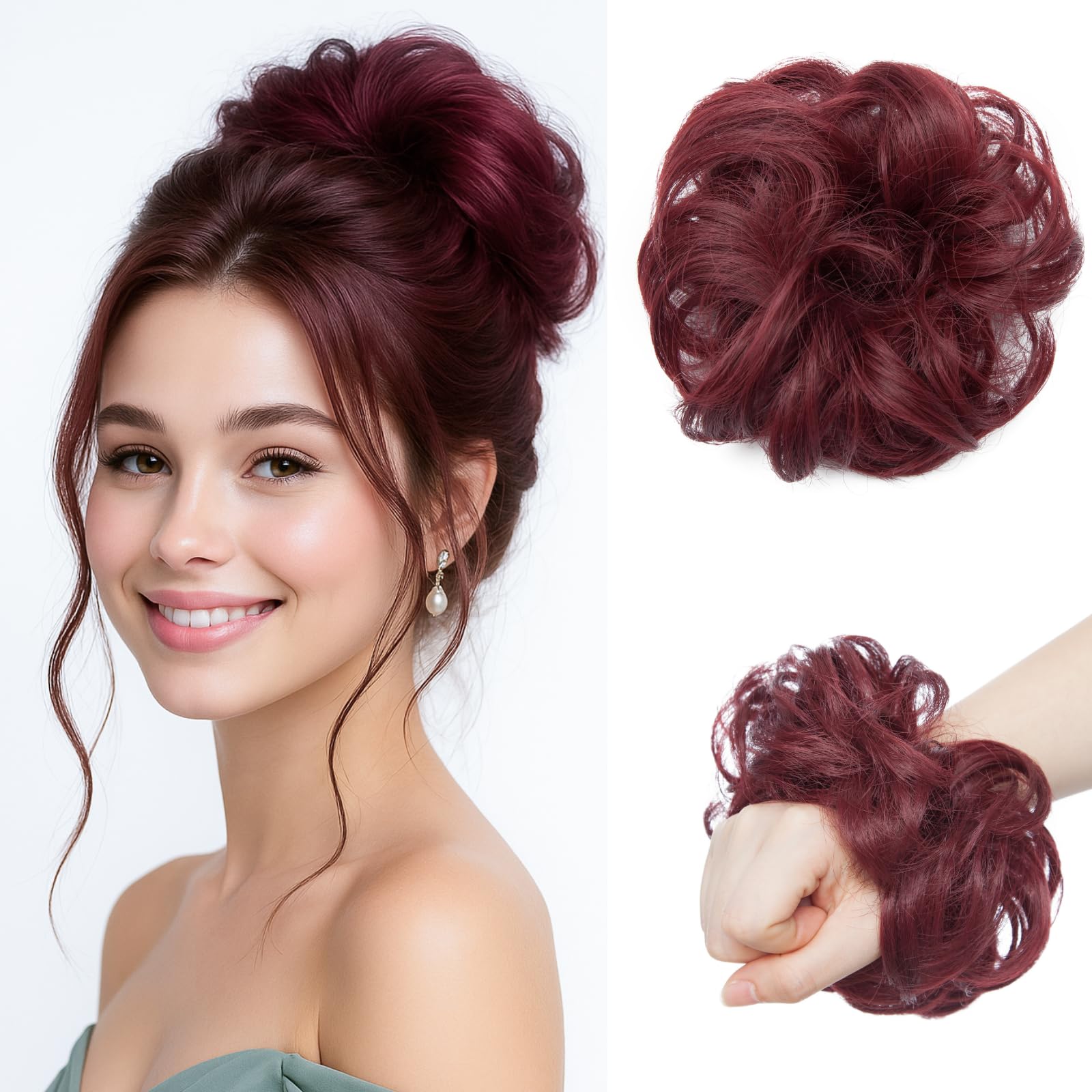 Benehair Messy Bun Hair Piece Curly Wavy Hair Scrunchies Messy Bun Scrunchie Synthetic Donut Updo Hair Pieces for Women Girls (Wine Red