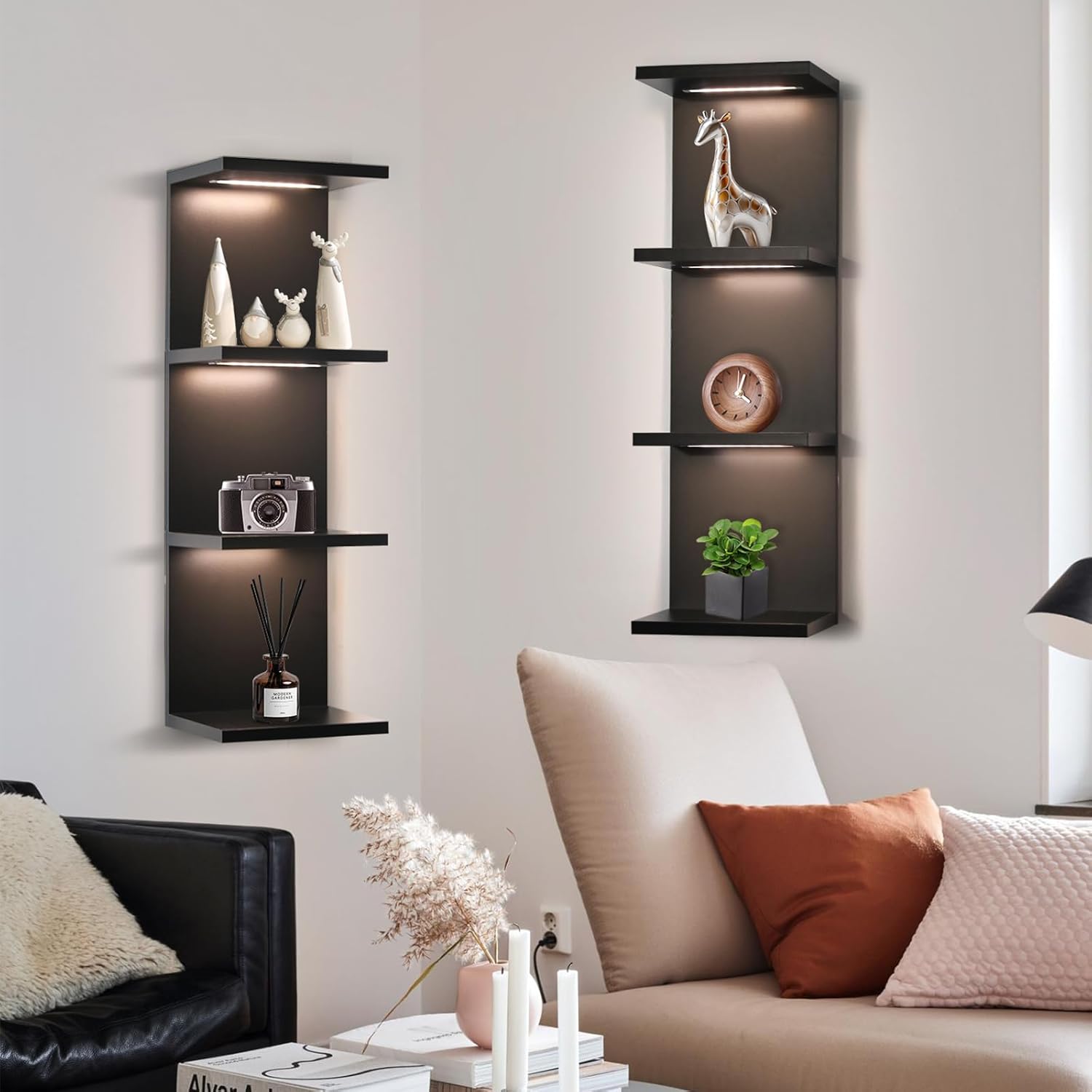 4 Tier LED Wall Shelf - Modern Floating Shelves for Makeup Vanity, Bedroom, Living Room | Easy Install Cosmetic & Display Lack Shelf, Black