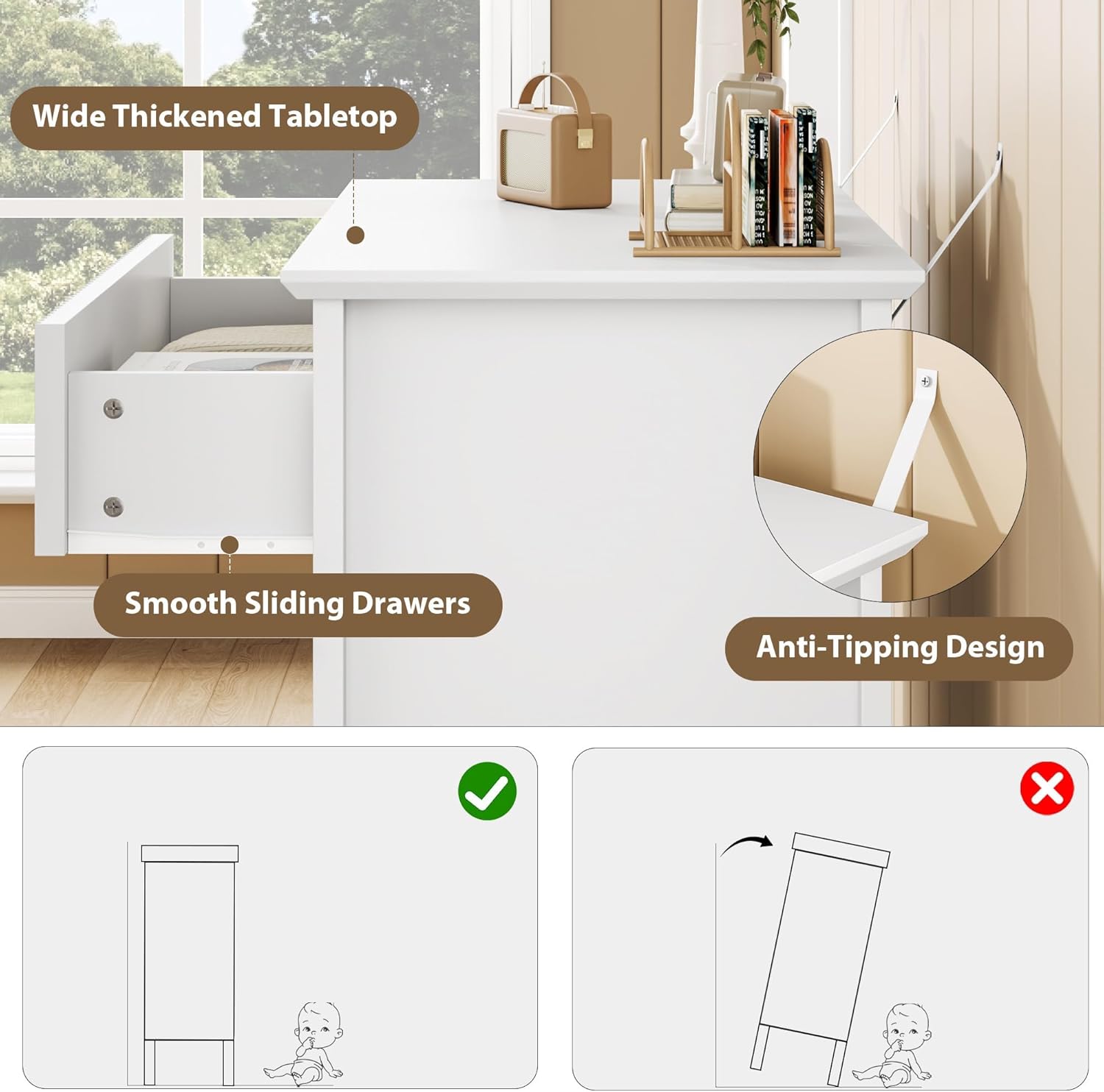 GAOMON White Fluted 3 Drawer Dresser, 31.5 in Wide Dresser Nightstand for Bedroom, Modern Wood Chest of Drawers, Large Painted Nightstand with 3 Drawers for Closet, Hallway, Entryway