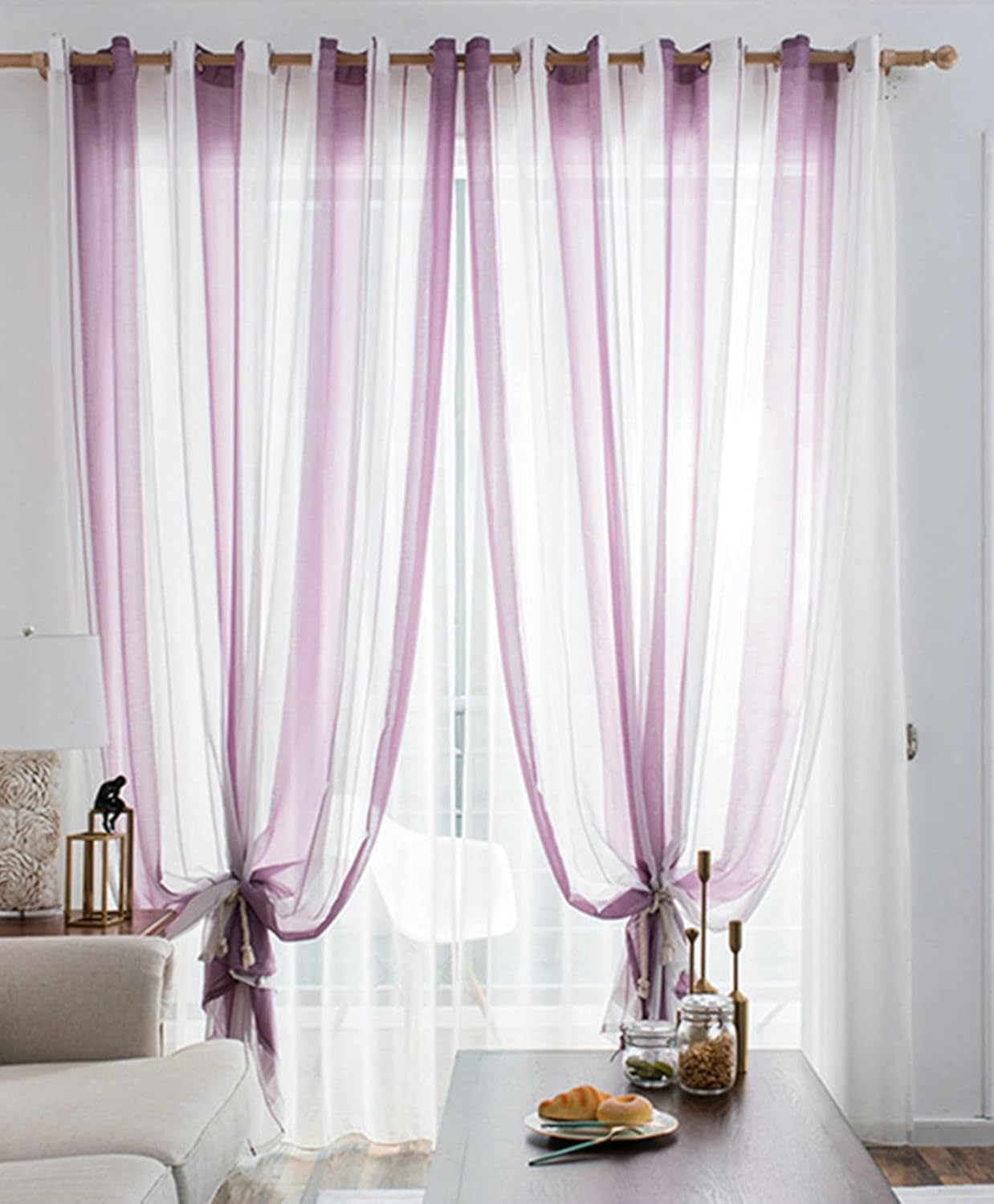 Voile Curtain 2 Panel 2 x 34W x 72H,Voile Curtain Bedroom Purple White Transparent Stripes Draperies Grommet