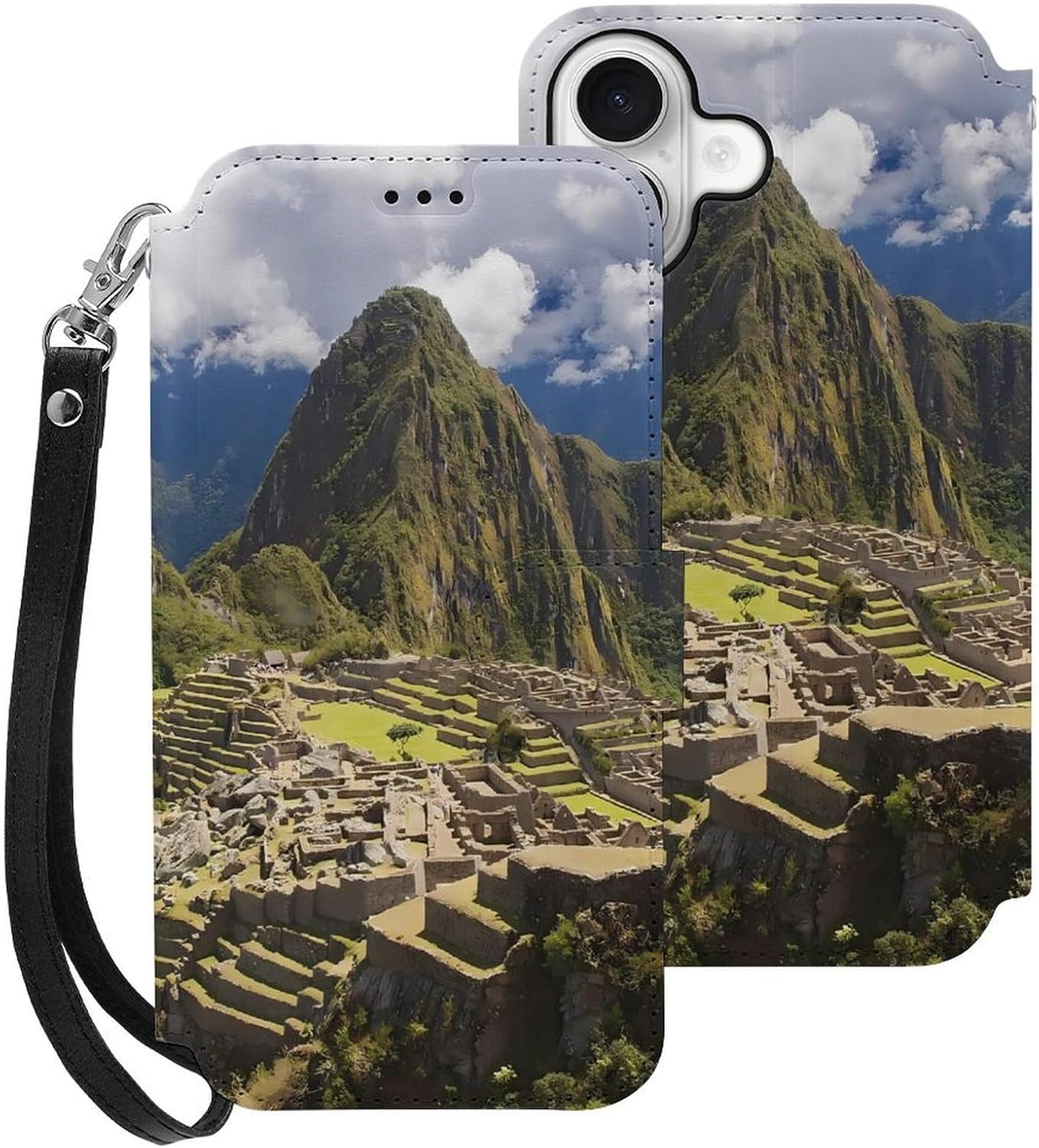 Machu Picchu Peru Mountains Compatible with iPhone 16/16 Plus/16 Pro/16 Pro Max/16 E Case Phone Wallet Card Holder Flip Cover with Wrist Strap