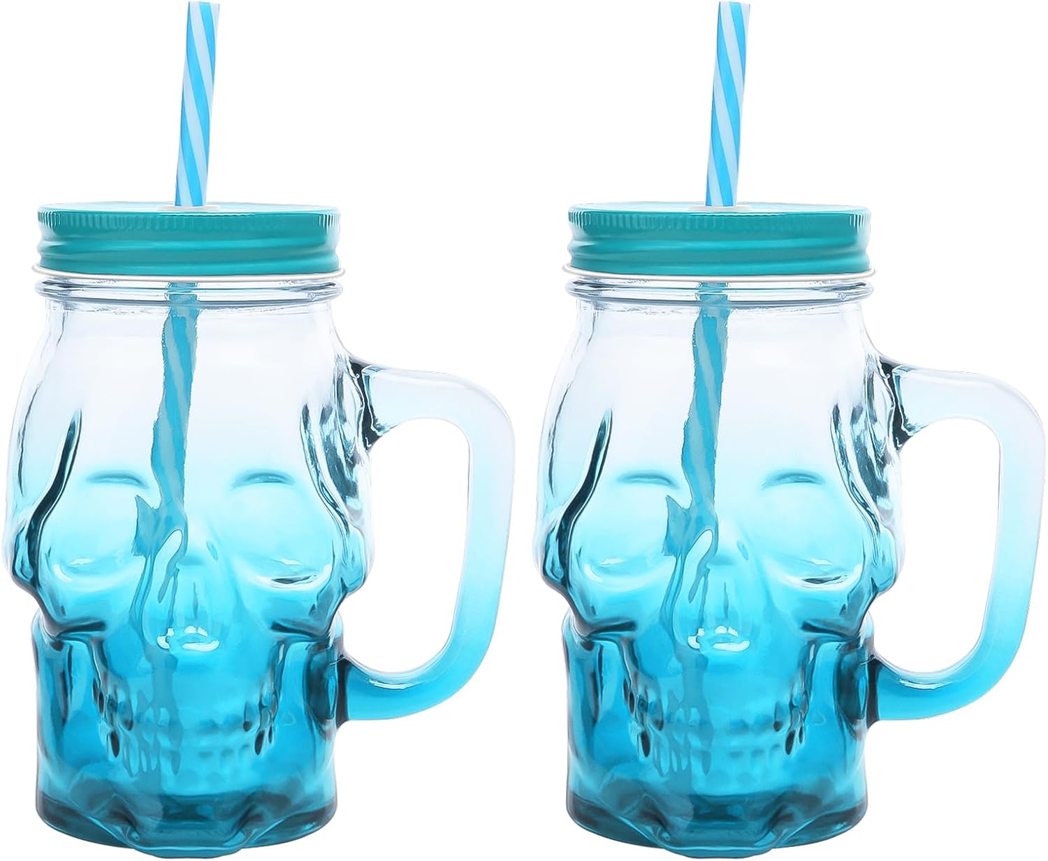 1Pc Skull Mason Jars with Handle, 16 Oz Glass Beer Mugs Gothic Wide Mouth Tumbler Cup with Straws and Lids, Novelty Pub Bar Mug Halloween Drinking Glasses for Beverage, Liquor, Mix Cocktail (1, Blue)