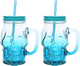 Skull Mason Jars with Handle, 16 Oz Glass Beer Mugs Gothic Wide Mouth Tumbler Cup with Straws and Lids, Novelty Pub Bar Mug Halloween Drinking Glasses for Beverage, Liquor, Mix Cocktail (2, Blue)