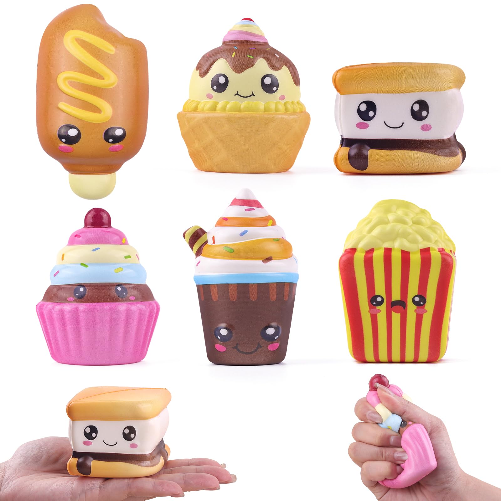 Anboor 6 Pcs Food Slow Rise Squishies Toy, Smore Ice Cream Cake French Fries Hot Dog Slow Rising Squish Squeeze Fidget Toys Stress Relief for Kids Teens Adults