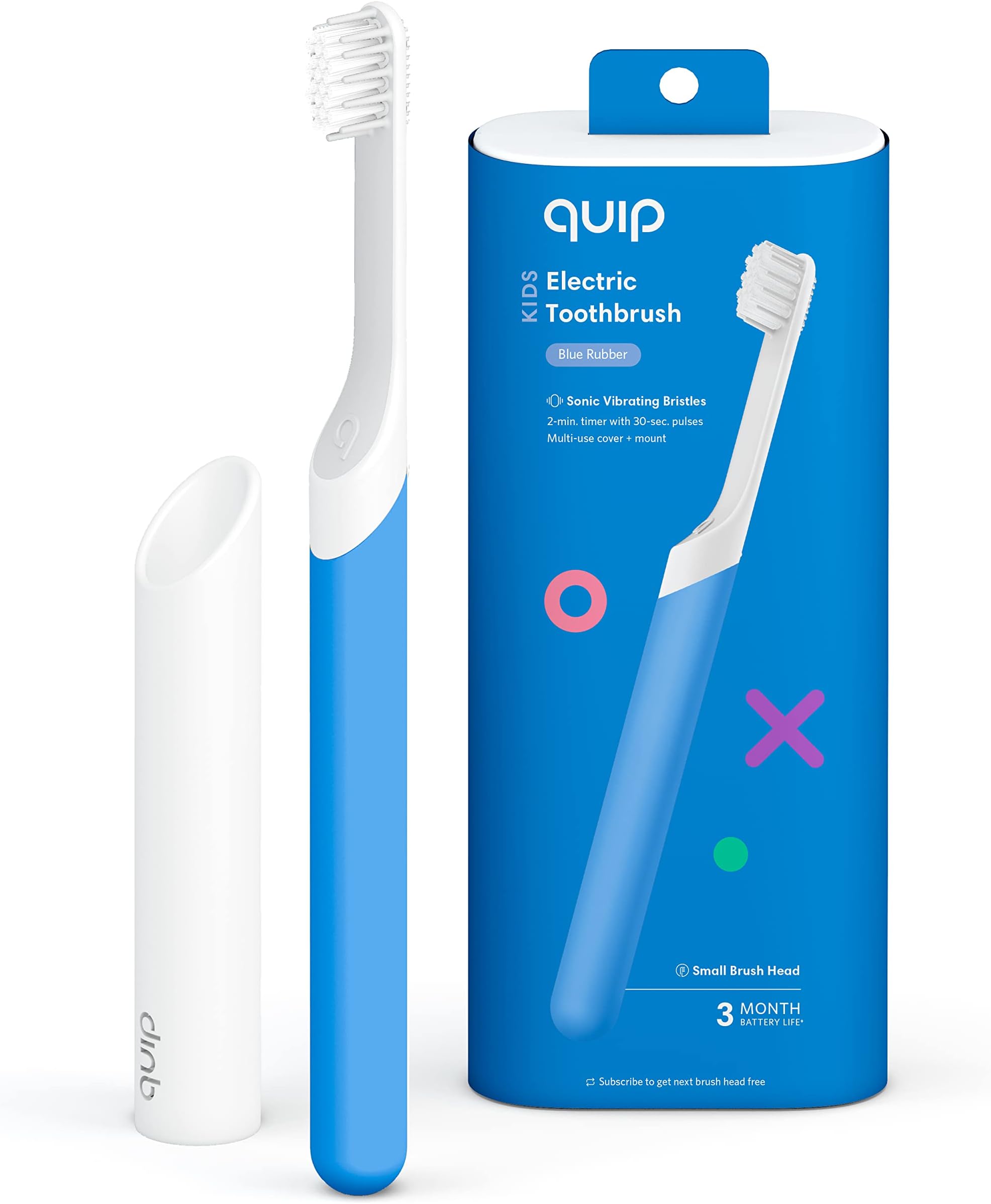 Quip Sonic Toothbrush for Kids - Timed Electric Toothbrush with Small Replaceable Brush Head - Soft Bristles, Rubber Handle, 3 Month Battery Life - Travel Toothbrush - Blue