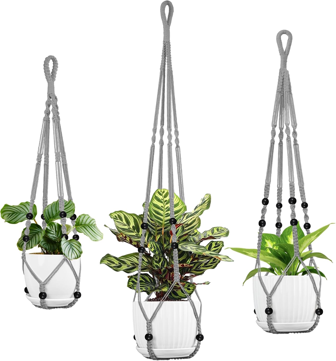 Macrame Plant Hanger - Fits 4 to 15 inches Pots for Indoor Outdoor, 43"/35"/29" Different Sizes Set, Gray (POTS NOT Included)