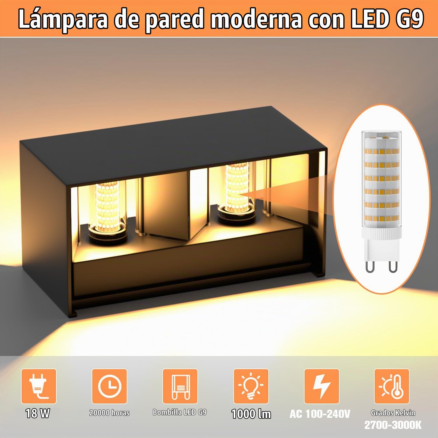 Aplique pared LED Con G9 LED Bombillas Reemplazables, 18W Lampara de pared Interior/Exterior Blanco Cálido 3000K Aplique Pared Exterior Impermeable IP65 Ángulo de haz Ajustable Negro
