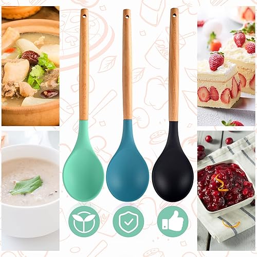 Miniatura 7 de 3 cucharas grandes de silicona para mezclar con mango de madera, antiadherentes, resistentes al calor, herramientas de mezcla de cocina (verde,