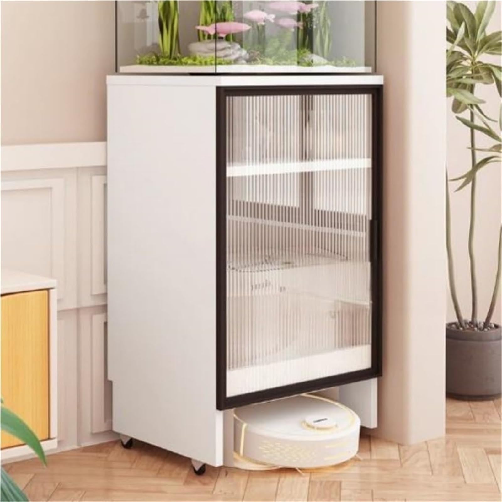 MESCXTY Home Furnishing Over The Robot Storage Shelf with Glass Door and Wheels Cabinet Vacuum Hidden for Living Room(White,93.5cm/36.8in)