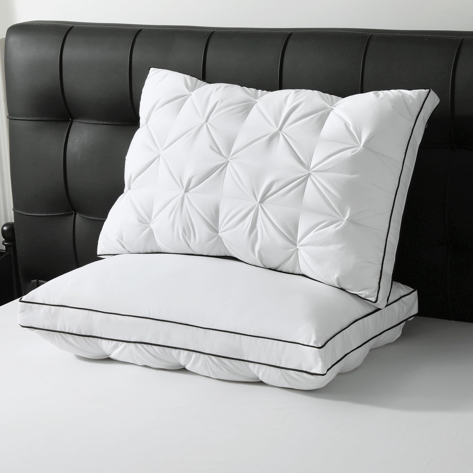 BPC Luxury Goose Feather Down Pillows Queen Size, Gusseted Hotel Bed Pillows for Sleeping, 100% Organic Cotton Cover, Surround Polyester Fill, Soft Fluffy for Sleepers (18"x28" + 2" Gusset, Pack of 2) Queen (Pack of 2) White