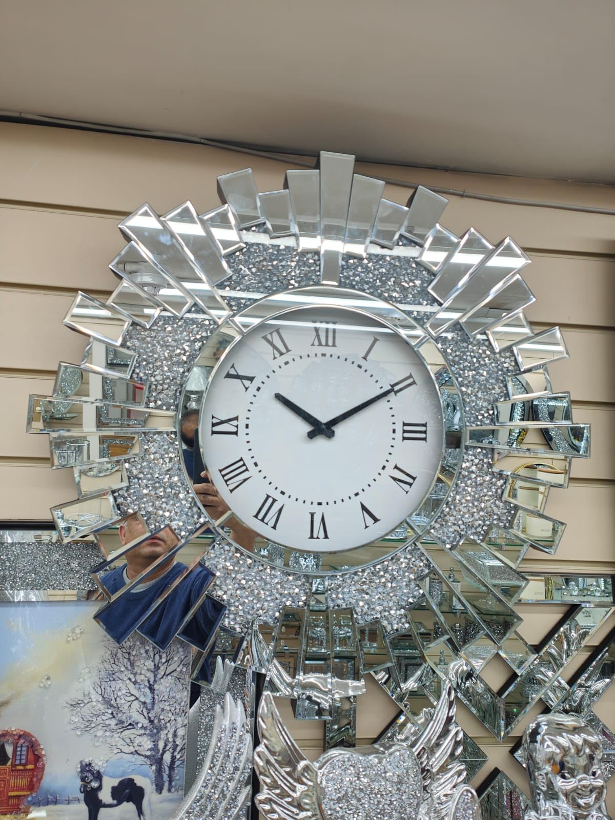 Biznest Crushed Jewel Round 60Cm Sunburst Mirrored Office Wall Clock Modern Living Room Badroom Decor