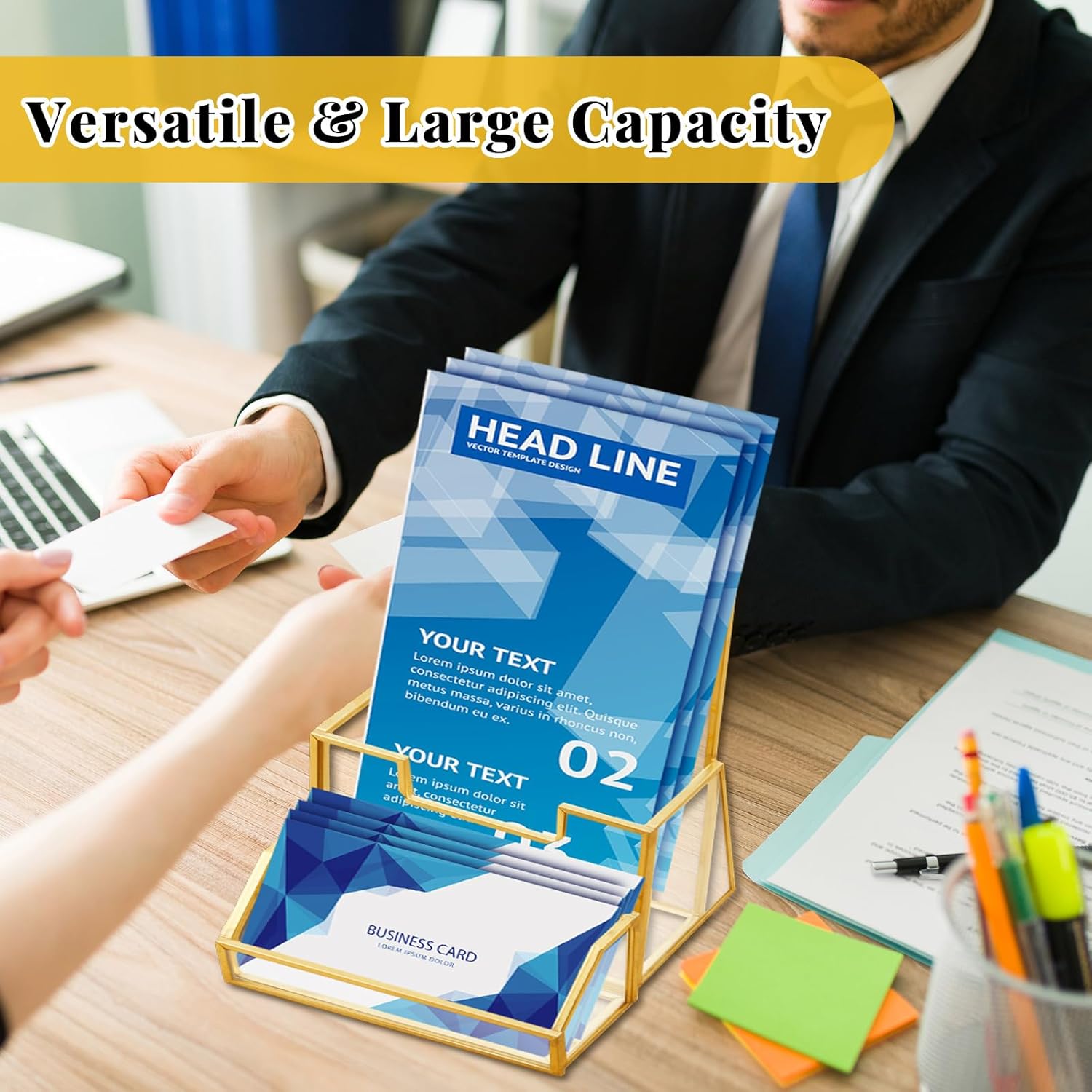 Watersay 4 Pcs Glass Display Stand Set 2 Gold Glass Brochure Holder Stand 2 Gold Business Card Holder for Office Desktop Countertop Name Card Magazine Literature Journal(8.5 x 11'')