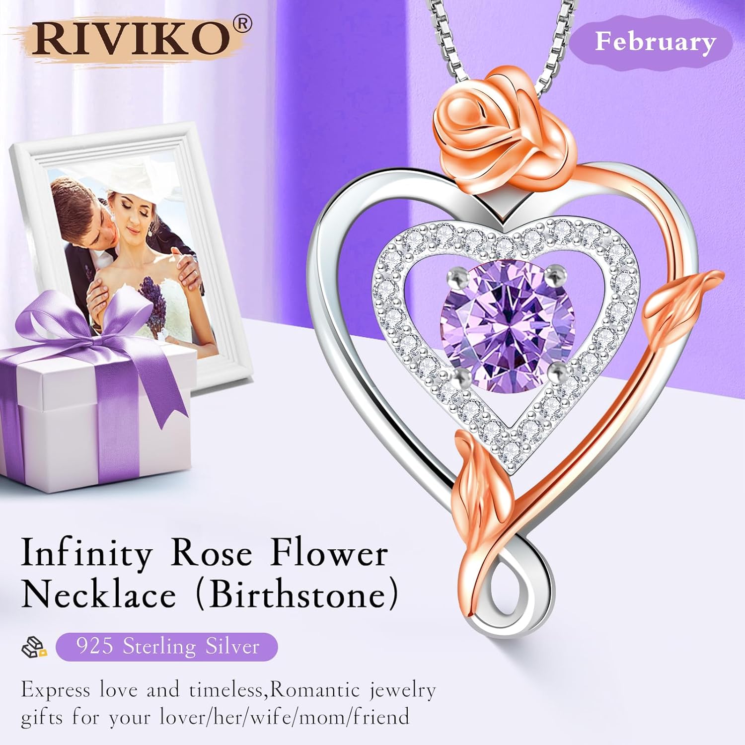 RIVIKO Infinity Heart Symbol Rose Birthstone Necklace for Women,925 Sterling Silver Heart Pendant Necklaces,Anniversary Valentines Jewelry Birthday Mothers Day Gifts for Mom Her Wife Women Girlfriend - Image 2