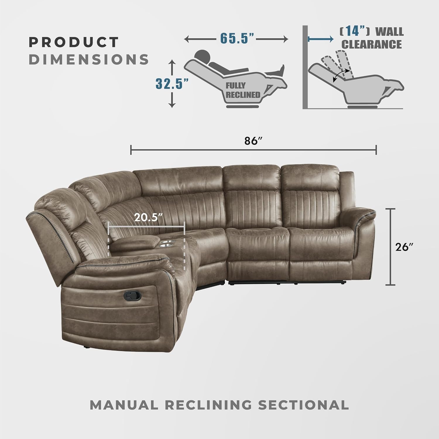 Lexicon Reclining Sectional Couches for Living Room, Modern Sofa, L Shape Sectional Couch with Drop-Down Cup Holders and Storage Arms, Manual Recliner Sectional Sofa, Sandy Brown