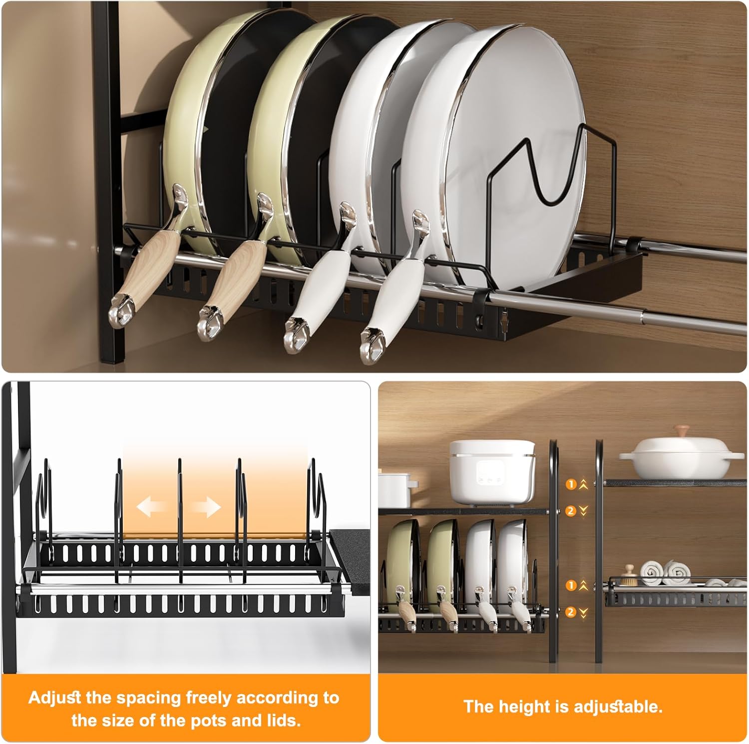 Under Sink Organizer 2 Tier Kitchen Storage Rack, Expandable Pot and Pan Organizer with Adjustable Height & 4 Dividers, Removable Kitchen Shelf for Cabinet, Countertop(4panels,1 Pot rack, Black)