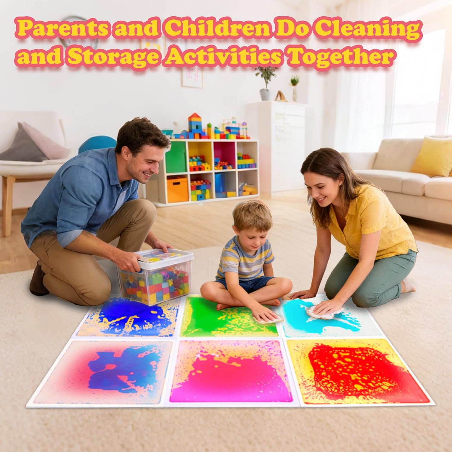 Sensory Tiles Floor Mats for Kids:6 Piece Liquid 12x12 Inch Active Color-Changing Pads with Anti-Slip Base Leakproof - Stress Relief & Motor Skills Toys
