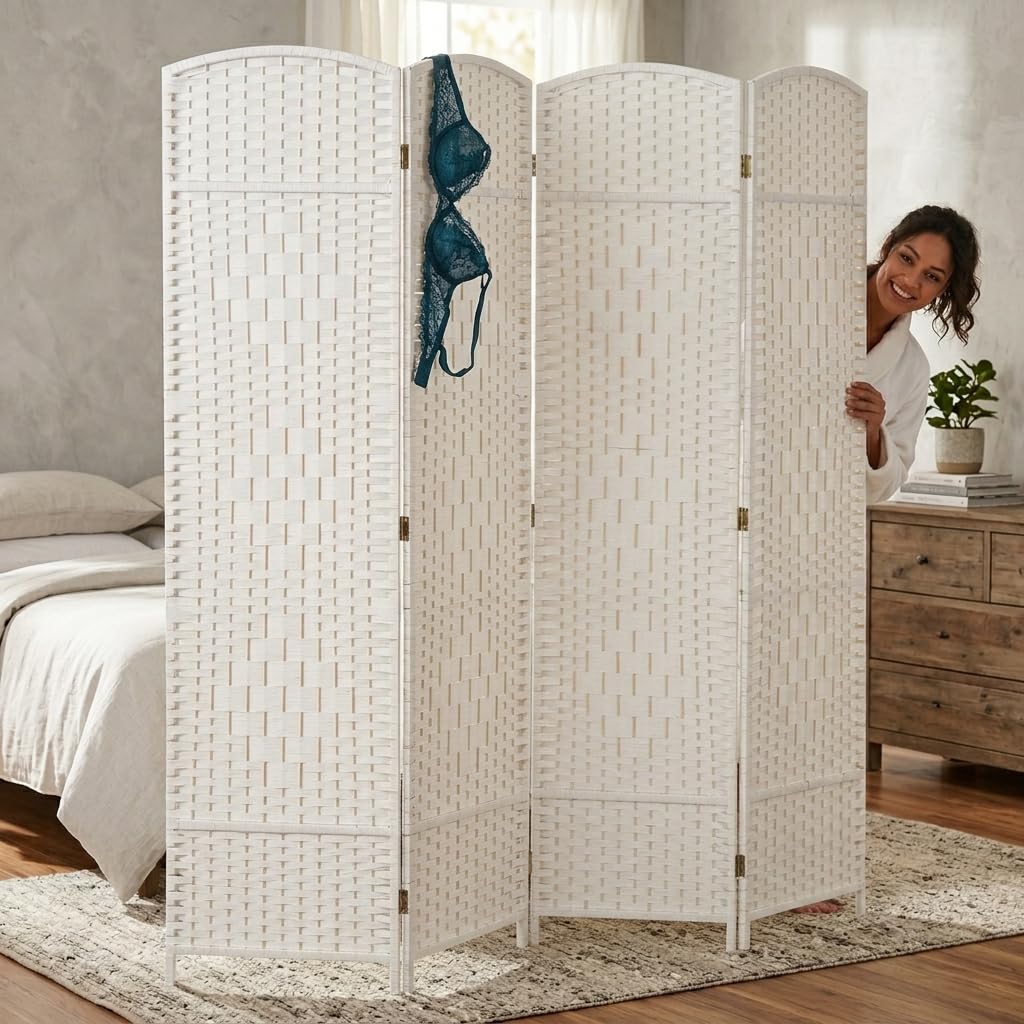 Trennwand/Raumteiler Faltbar aus Bambus - Paravent Umkleide Sichtschutz Spanische Wand - 180 x 180 cm Raumtrenner 4 teilig Leinwand - Weiß
