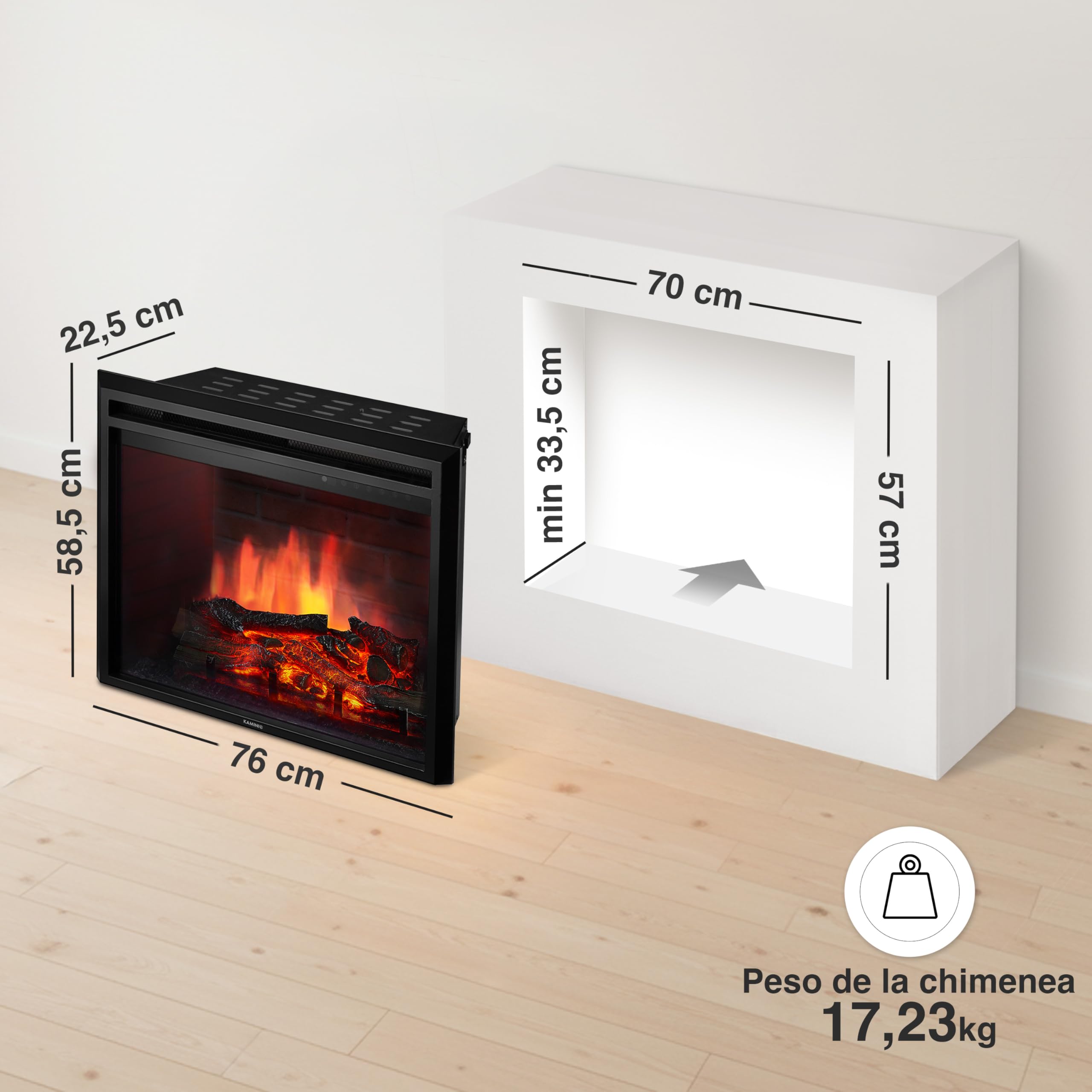 KAMINIO Eléctrica Chimenea Luca - Chimenea empotrada eléctrica con calefacción, Efecto de Llama 3D, 12 Colores de Llama, Control Remoto (30 Pulgada)
